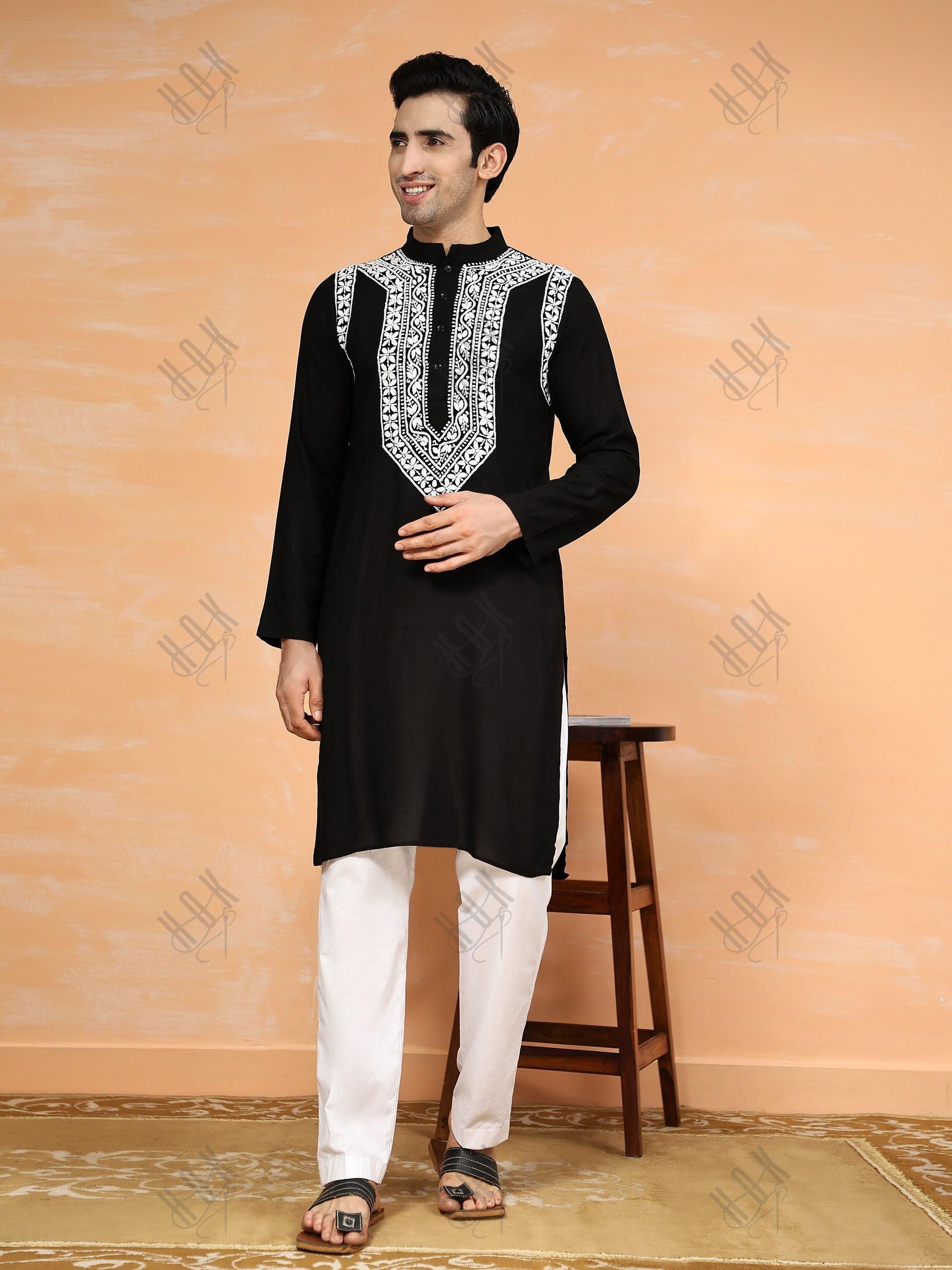 HOK Men's Chikankari Kurta in Rayon Cotton - Black - House Of Kari (Chikankari Clothing)