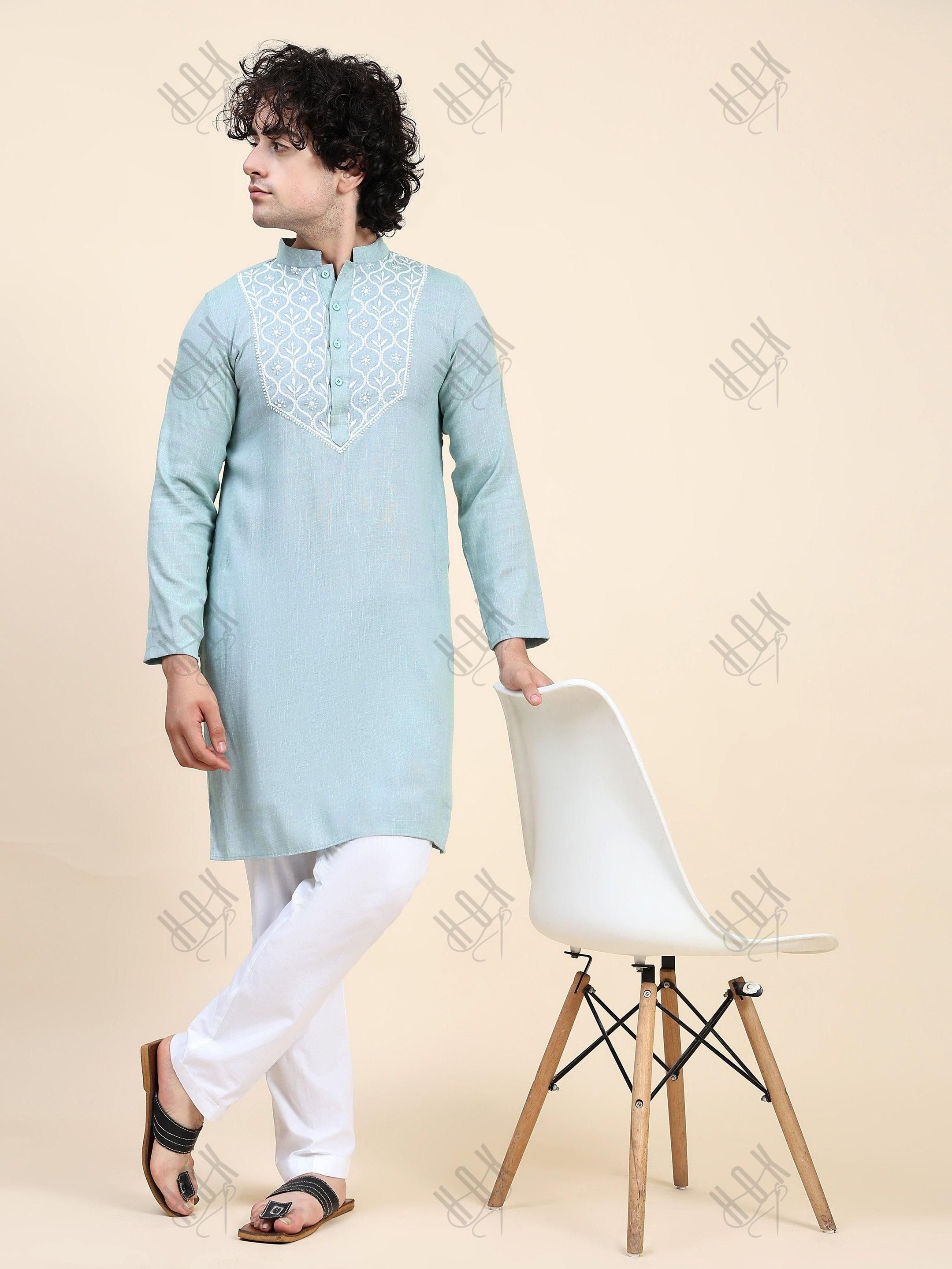 HOK Men's Chikankari Kurta in Cotton Silk Blend - Sea Green - House Of Kari (Chikankari Clothing)