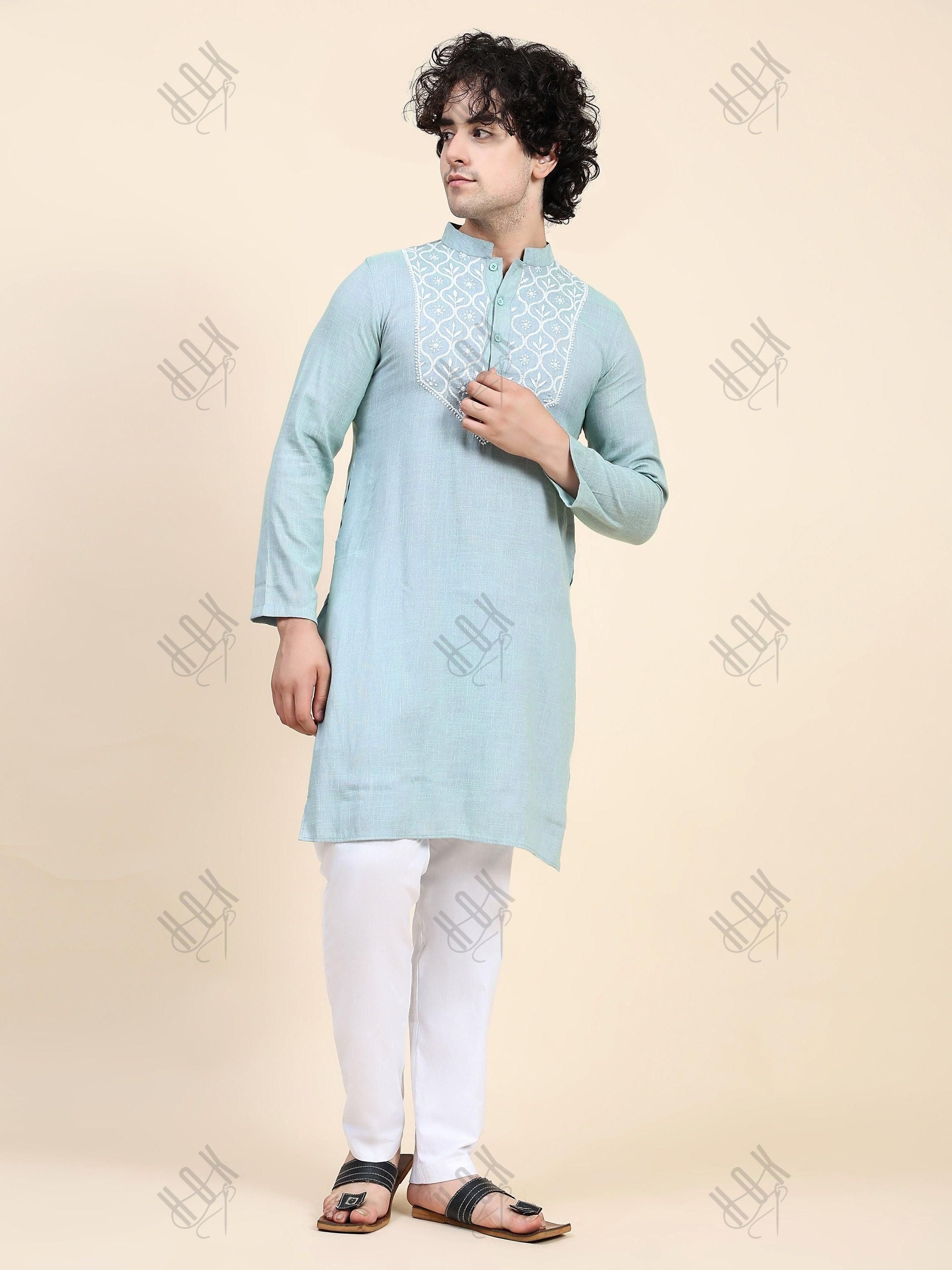 HOK Men's Chikankari Kurta in Cotton Silk Blend - Sea Green - House Of Kari (Chikankari Clothing)