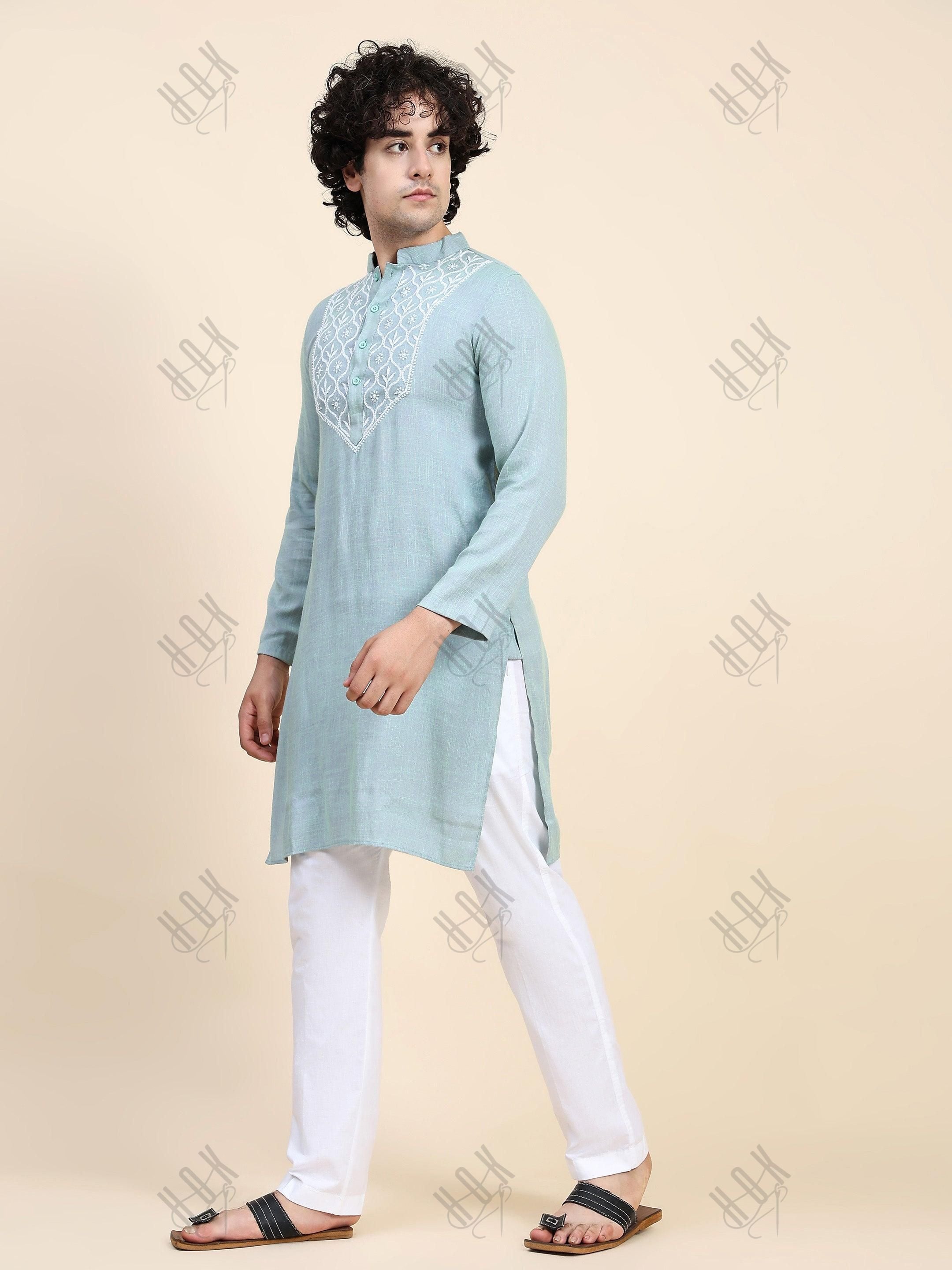 HOK Men's Chikankari Kurta in Cotton Silk Blend - Sea Green - House Of Kari (Chikankari Clothing)