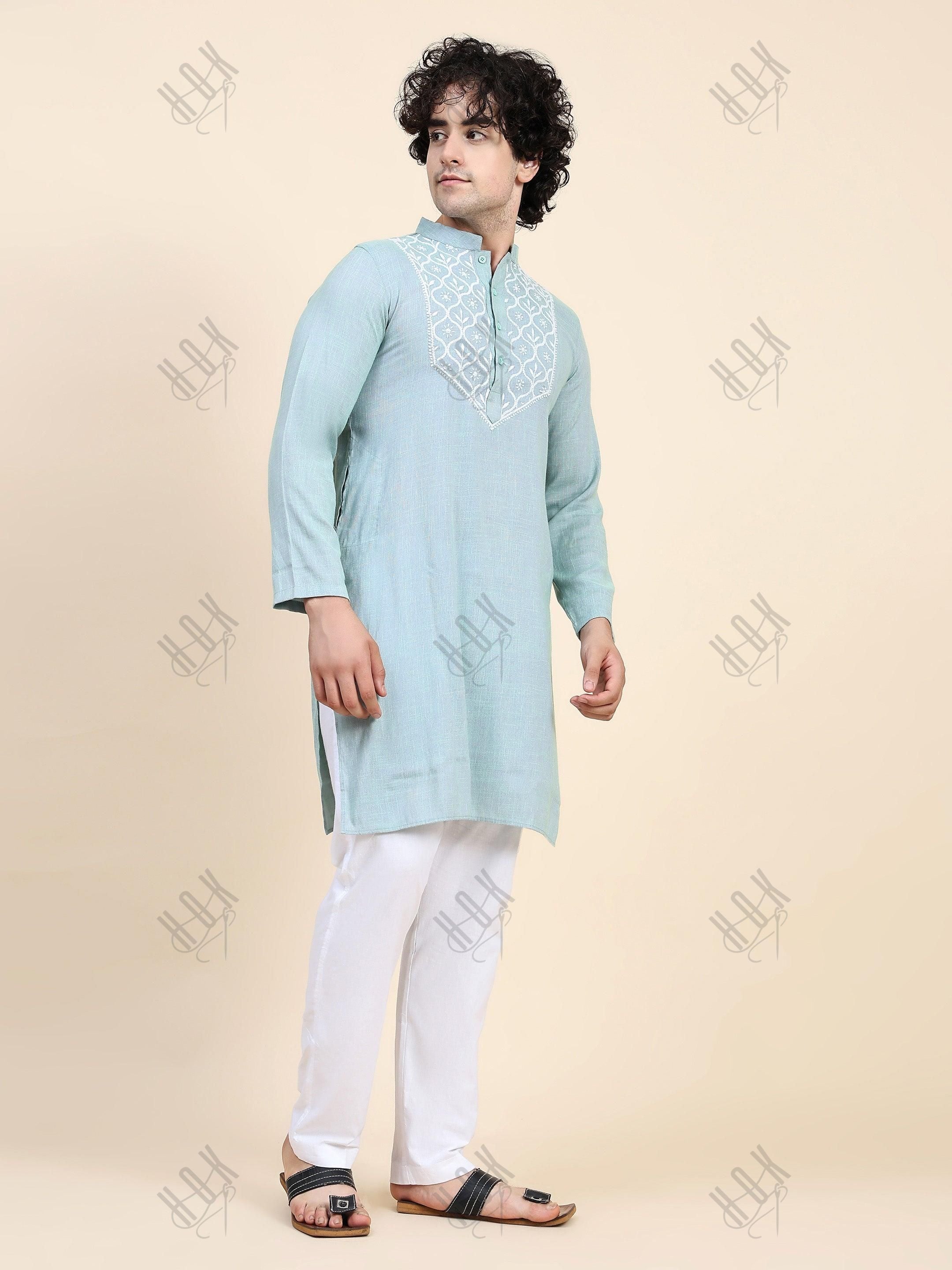 HOK Men's Chikankari Kurta in Cotton Silk Blend - Sea Green - House Of Kari (Chikankari Clothing)