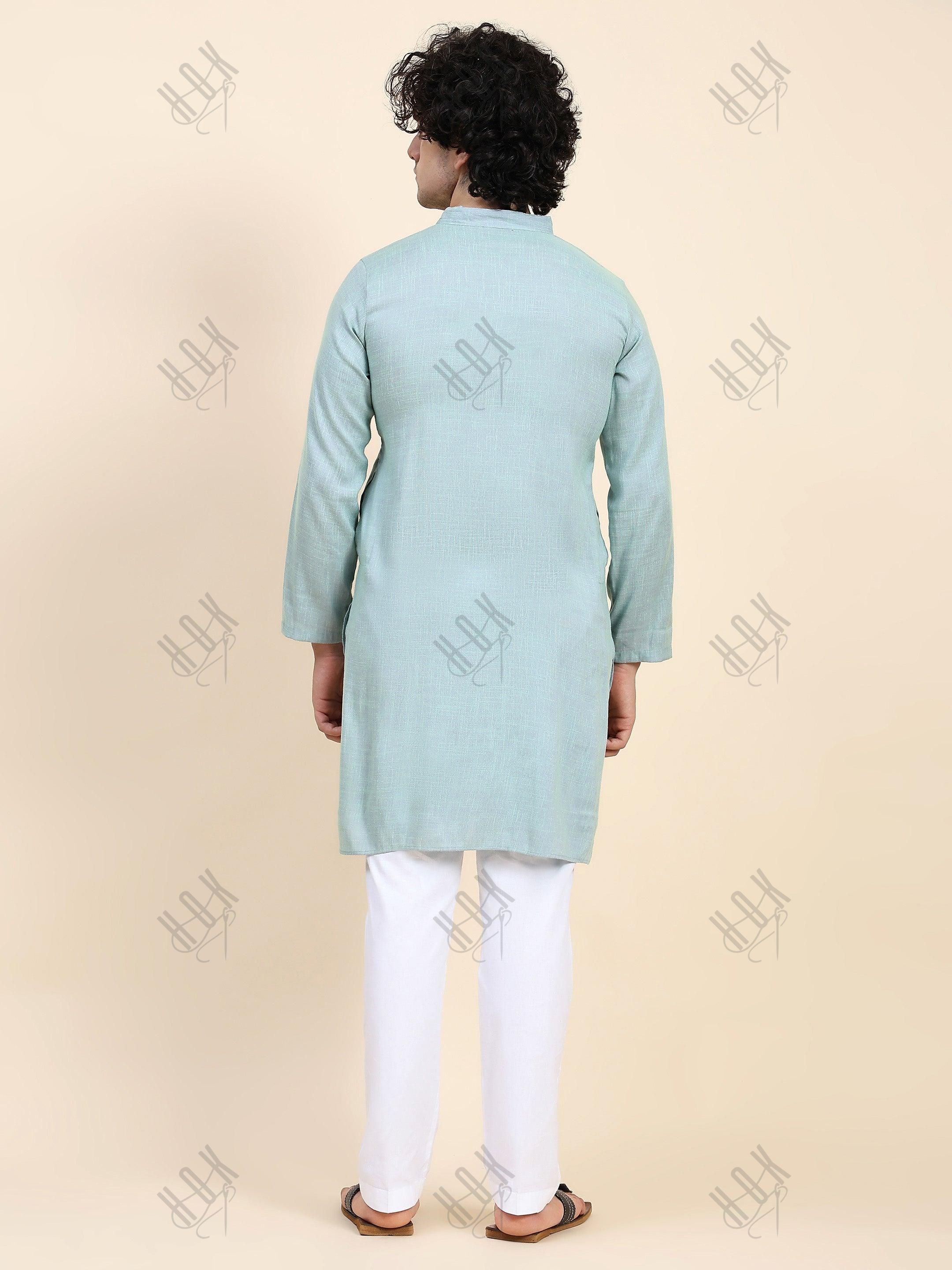 HOK Men's Chikankari Kurta in Cotton Silk Blend - Sea Green - House Of Kari (Chikankari Clothing)