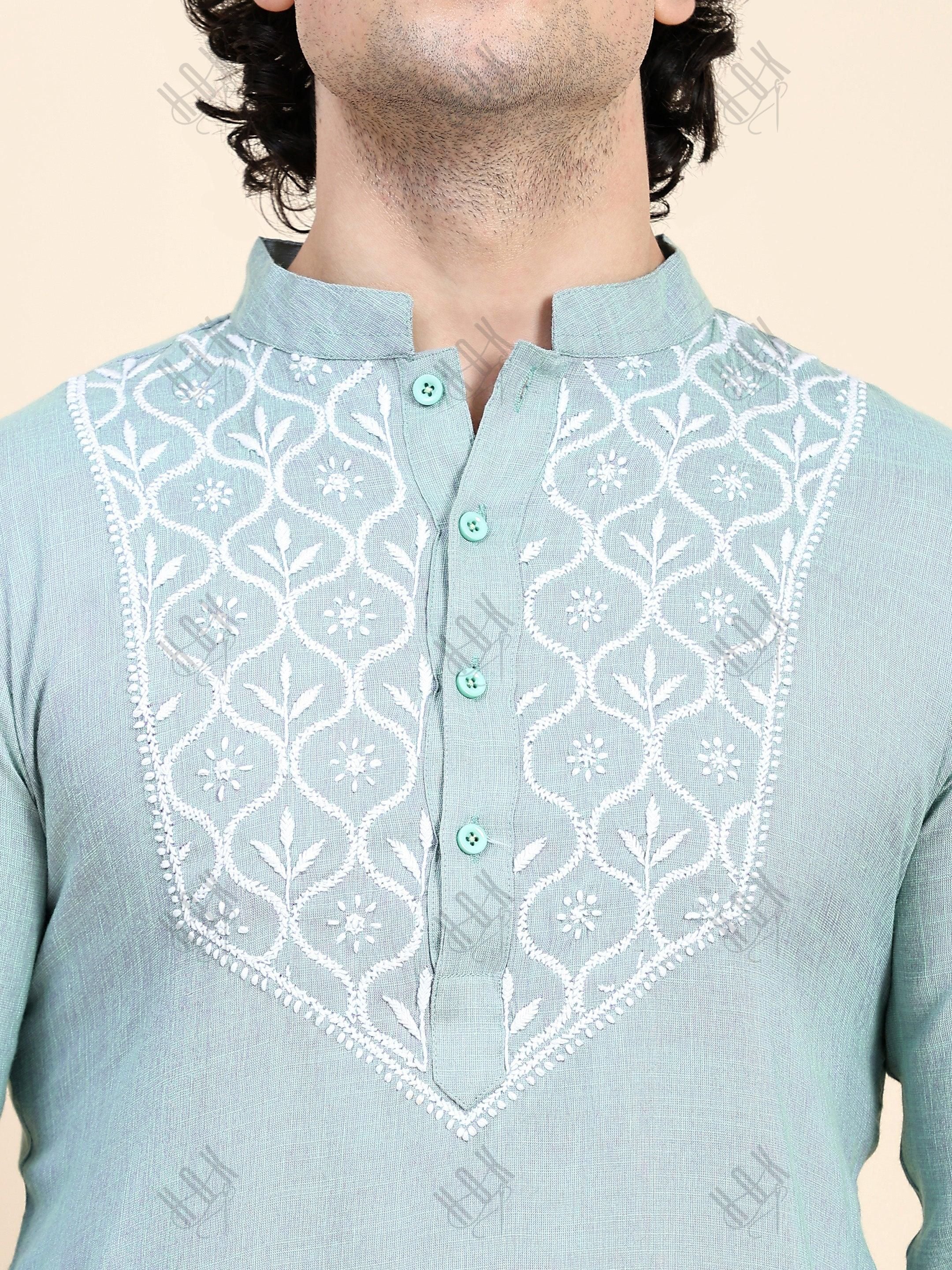 HOK Men's Chikankari Kurta in Cotton Silk Blend - Sea Green - House Of Kari (Chikankari Clothing)