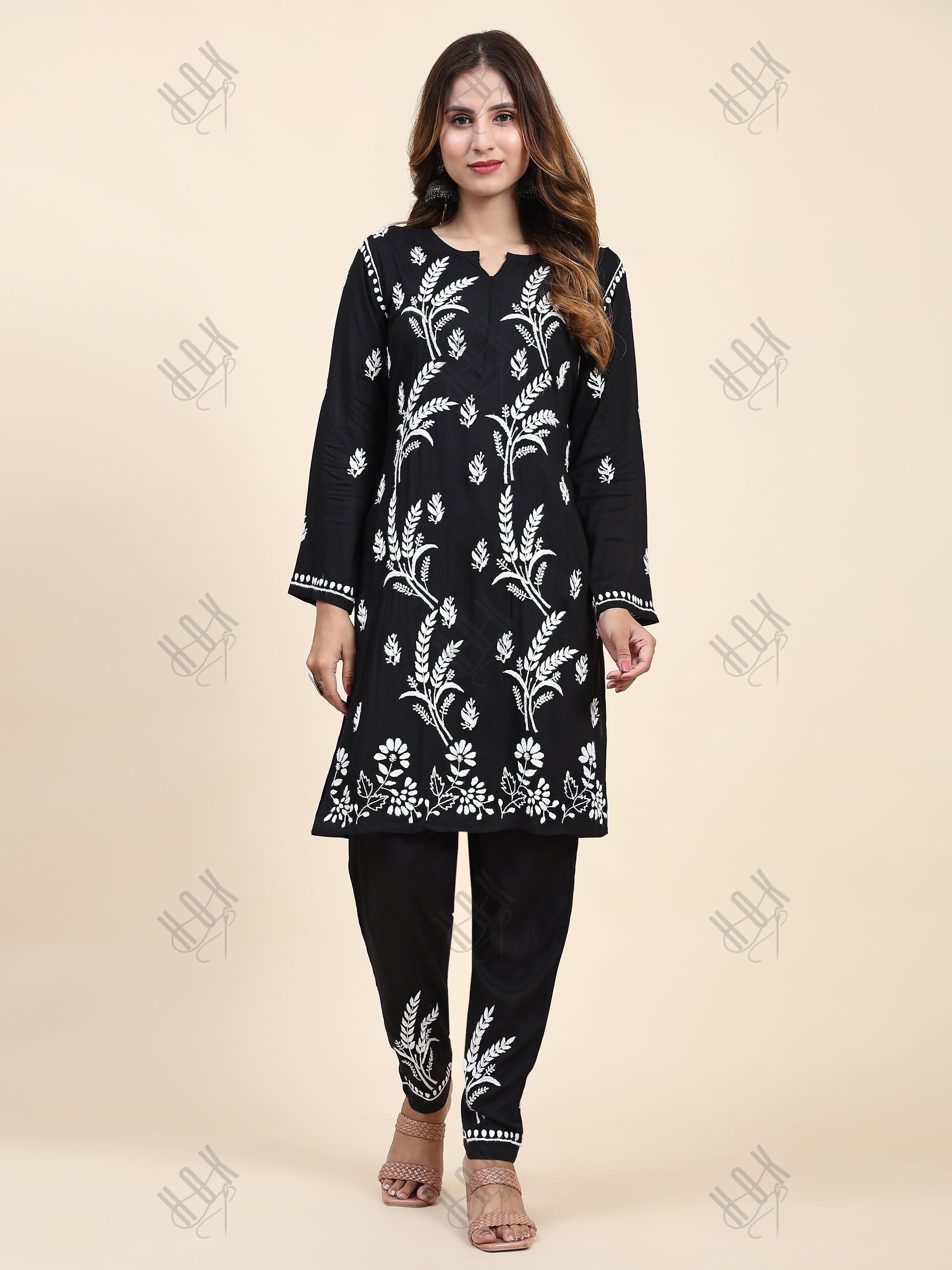 Fizaa Chikankari Short Modal Kurta Set - Black - House Of Kari (Chikankari Clothing)