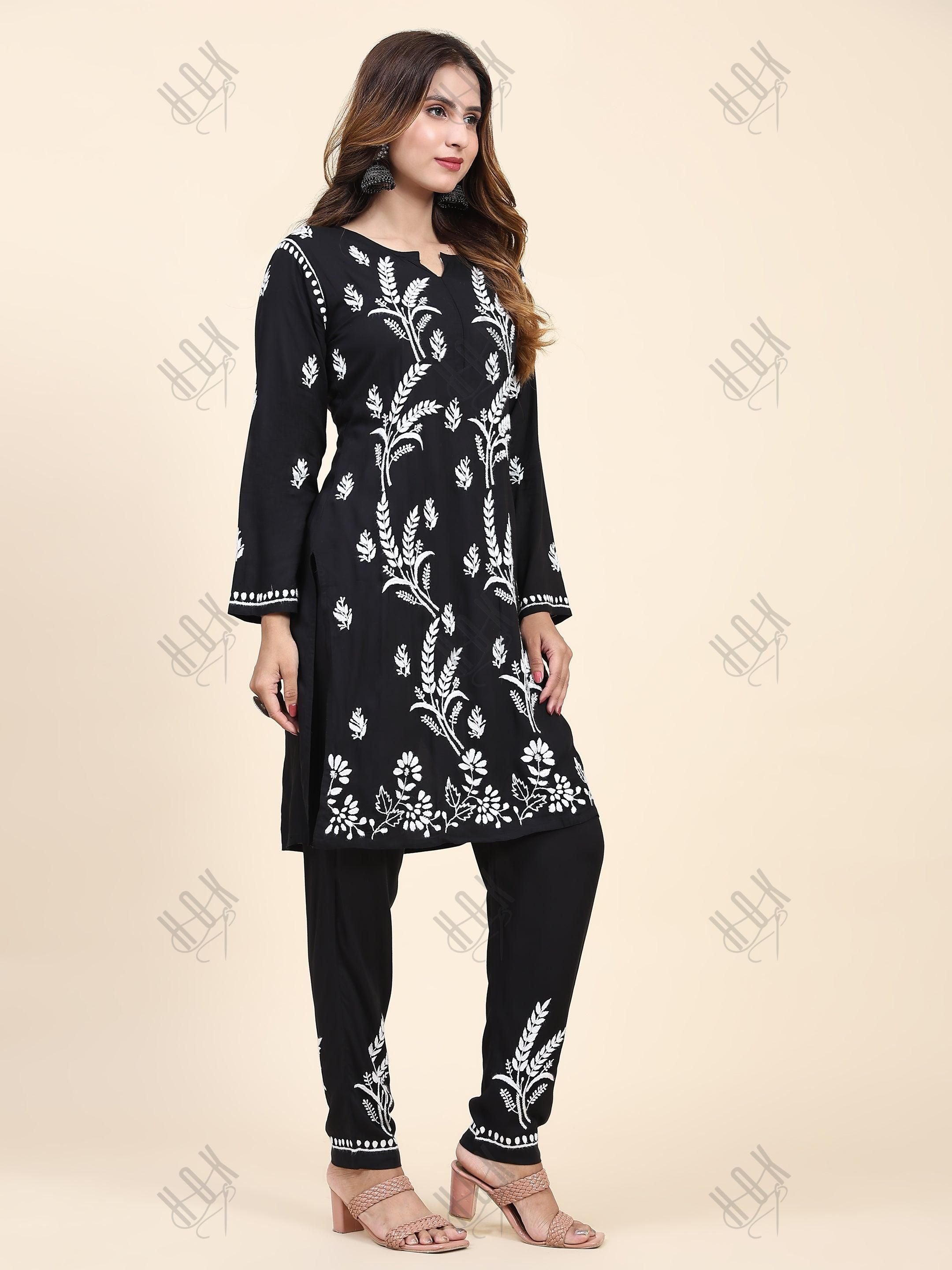 Fizaa Chikankari Short Modal Kurta Set - Black - House Of Kari (Chikankari Clothing)