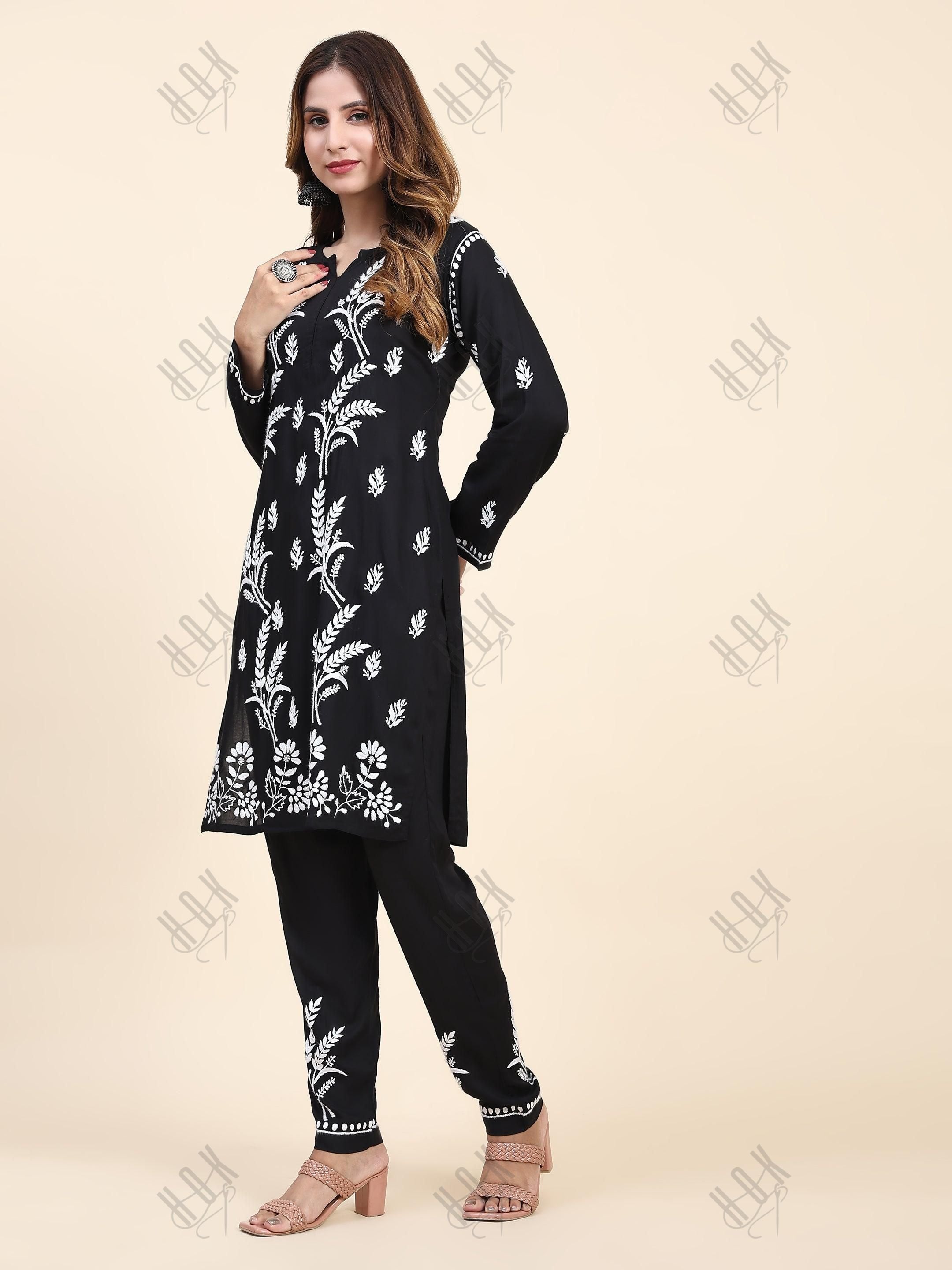 Fizaa Chikankari Short Modal Kurta Set - Black - House Of Kari (Chikankari Clothing)