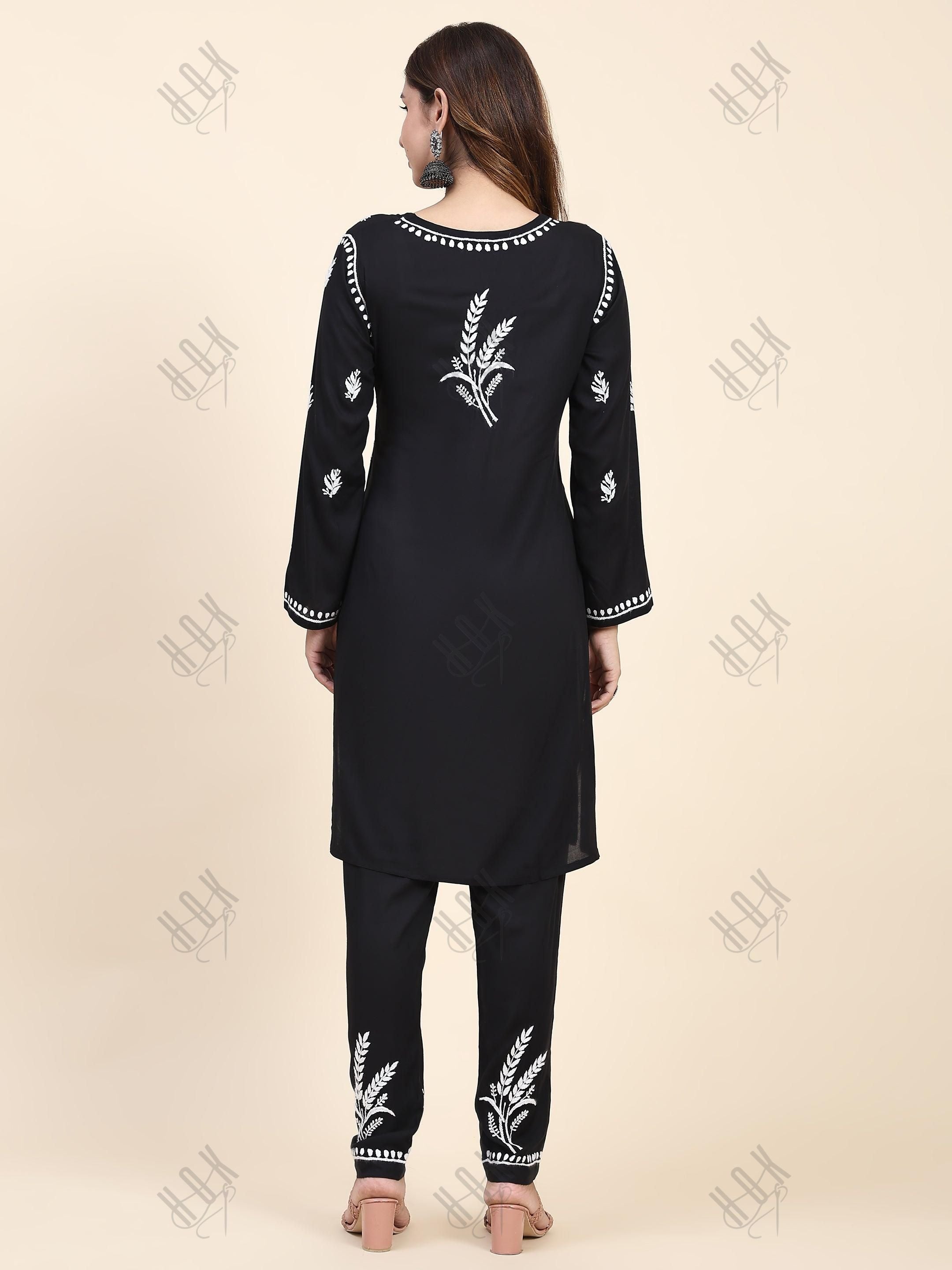 Fizaa Chikankari Short Modal Kurta Set - Black - House Of Kari (Chikankari Clothing)