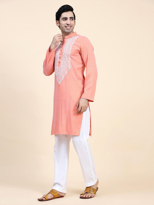 HOK Men's Chikankari Kurta in Cotton Silk Blend - Peach - House Of Kari (Chikankari Clothing)