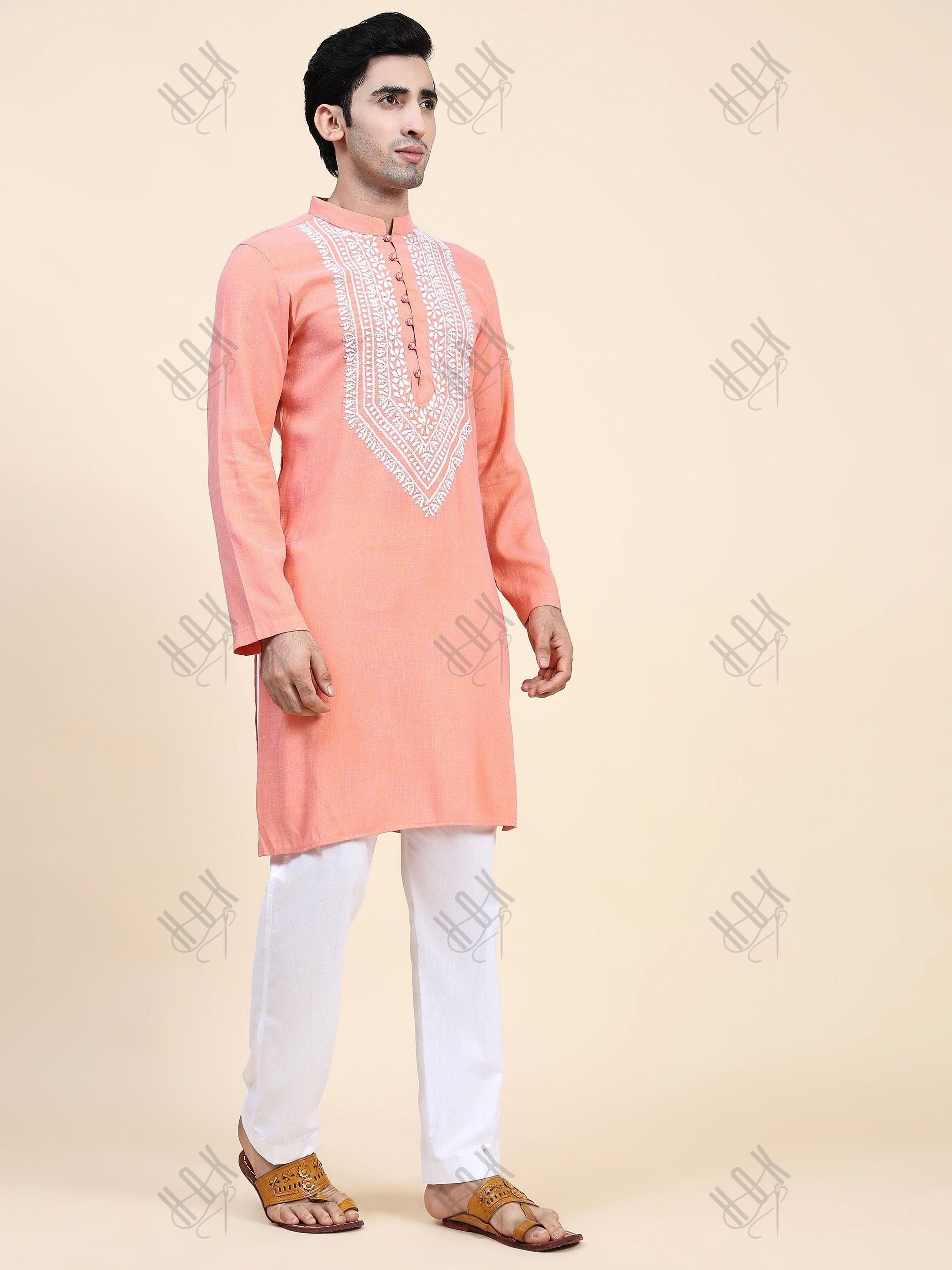 HOK Men's Chikankari Kurta in Cotton Silk Blend - Peach - House Of Kari (Chikankari Clothing)