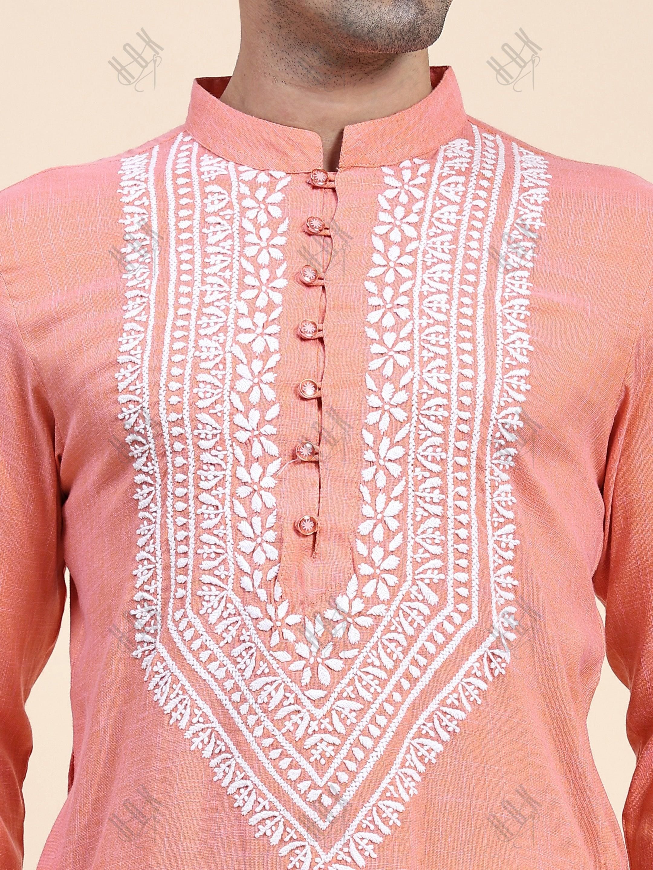 HOK Men's Chikankari Kurta in Cotton Silk Blend - Peach - House Of Kari (Chikankari Clothing)