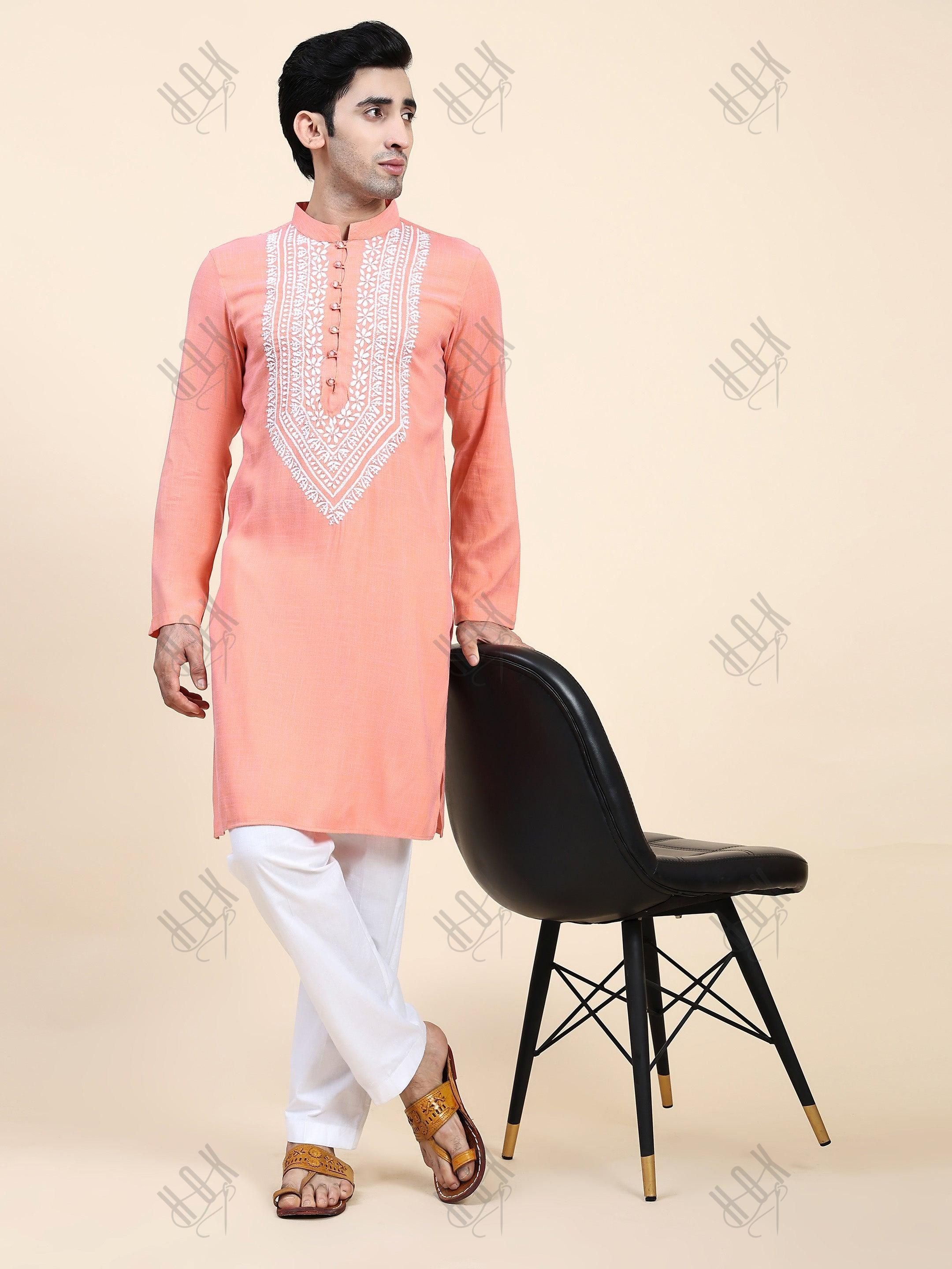 HOK Men's Chikankari Kurta in Cotton Silk Blend - Peach - House Of Kari (Chikankari Clothing)