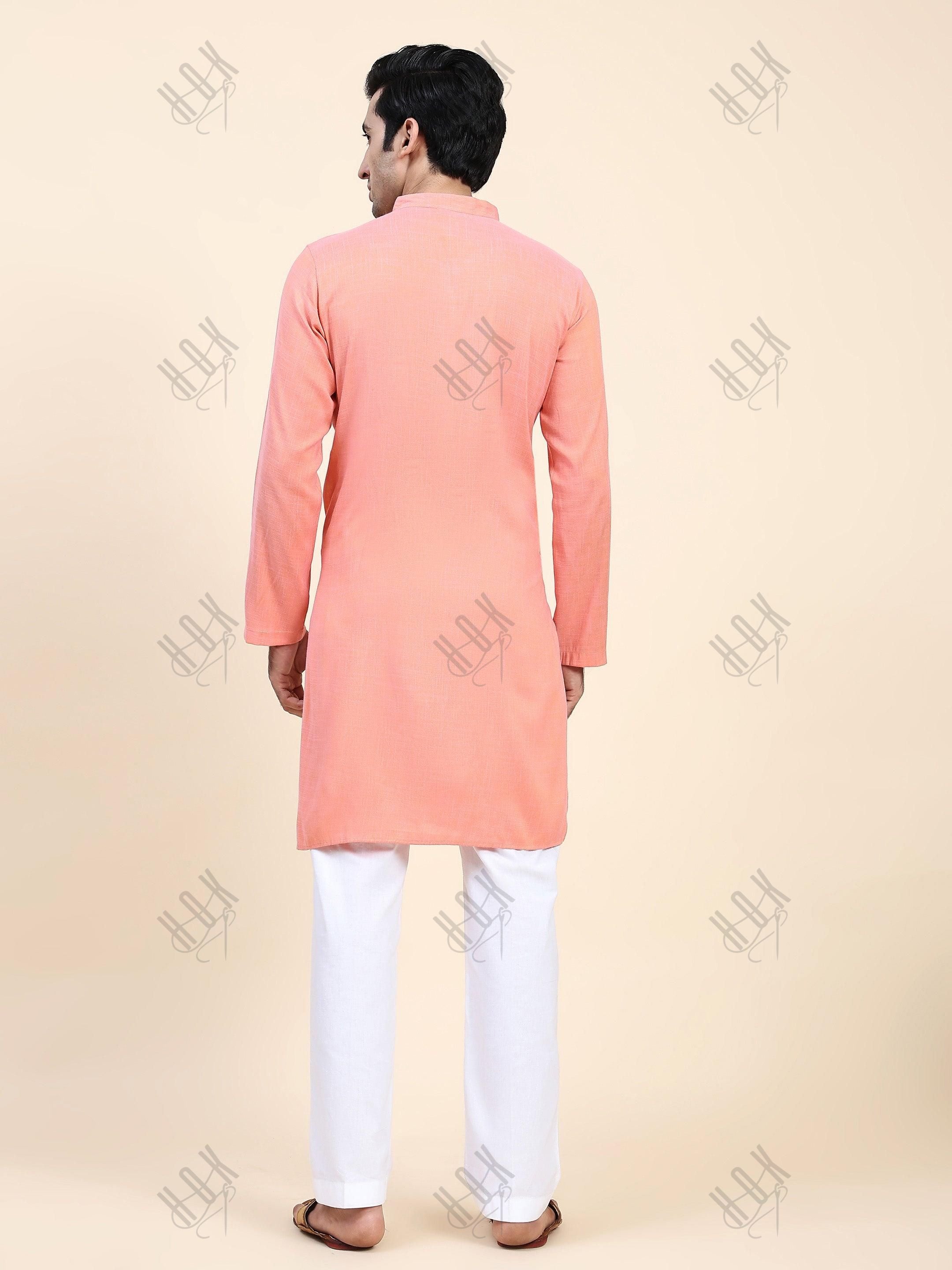 HOK Men's Chikankari Kurta in Cotton Silk Blend - Peach - House Of Kari (Chikankari Clothing)