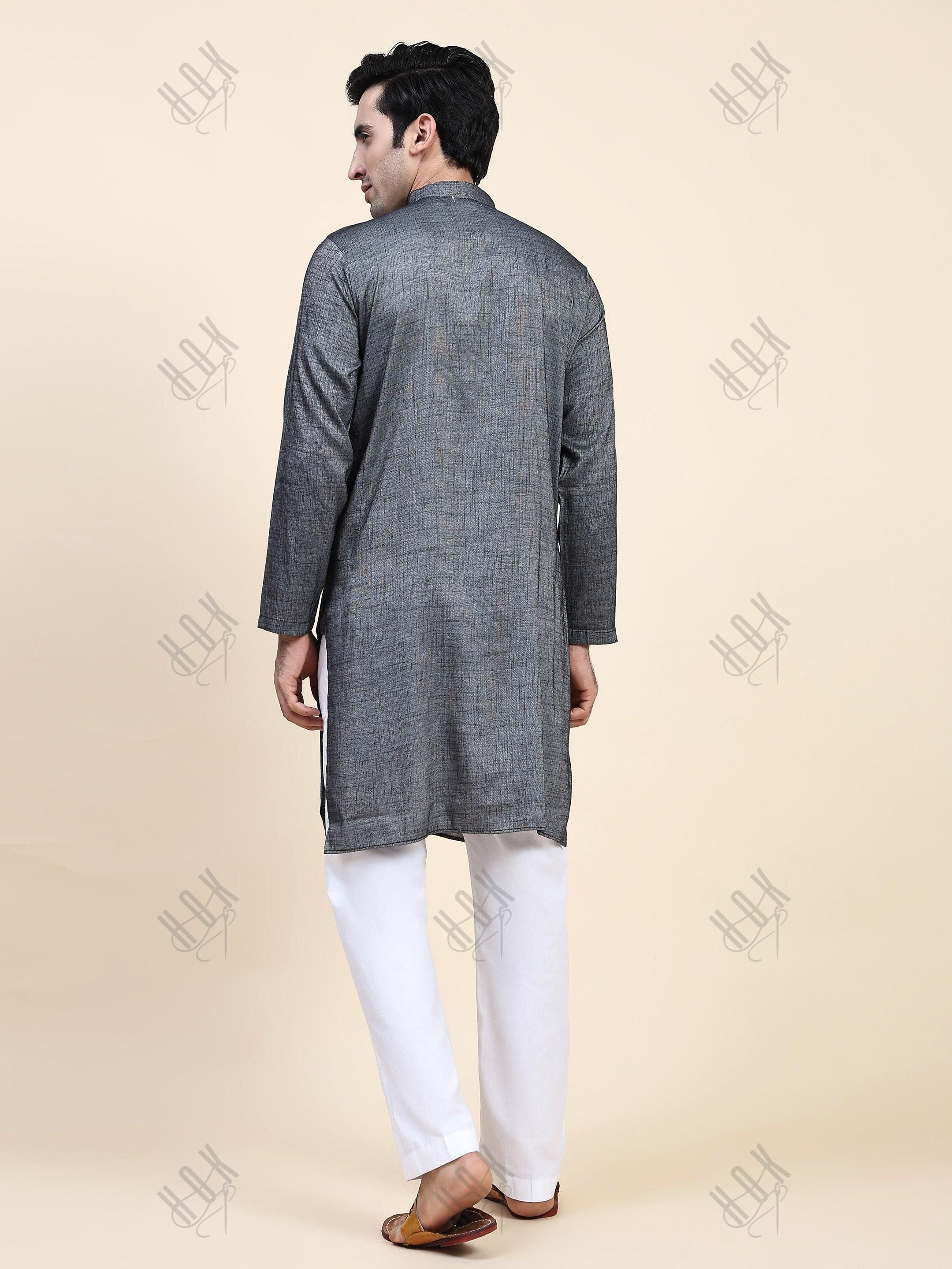 HOK Men's Chikankari Kurta in Cotton Silk Blend - Grey - House Of Kari (Chikankari Clothing)