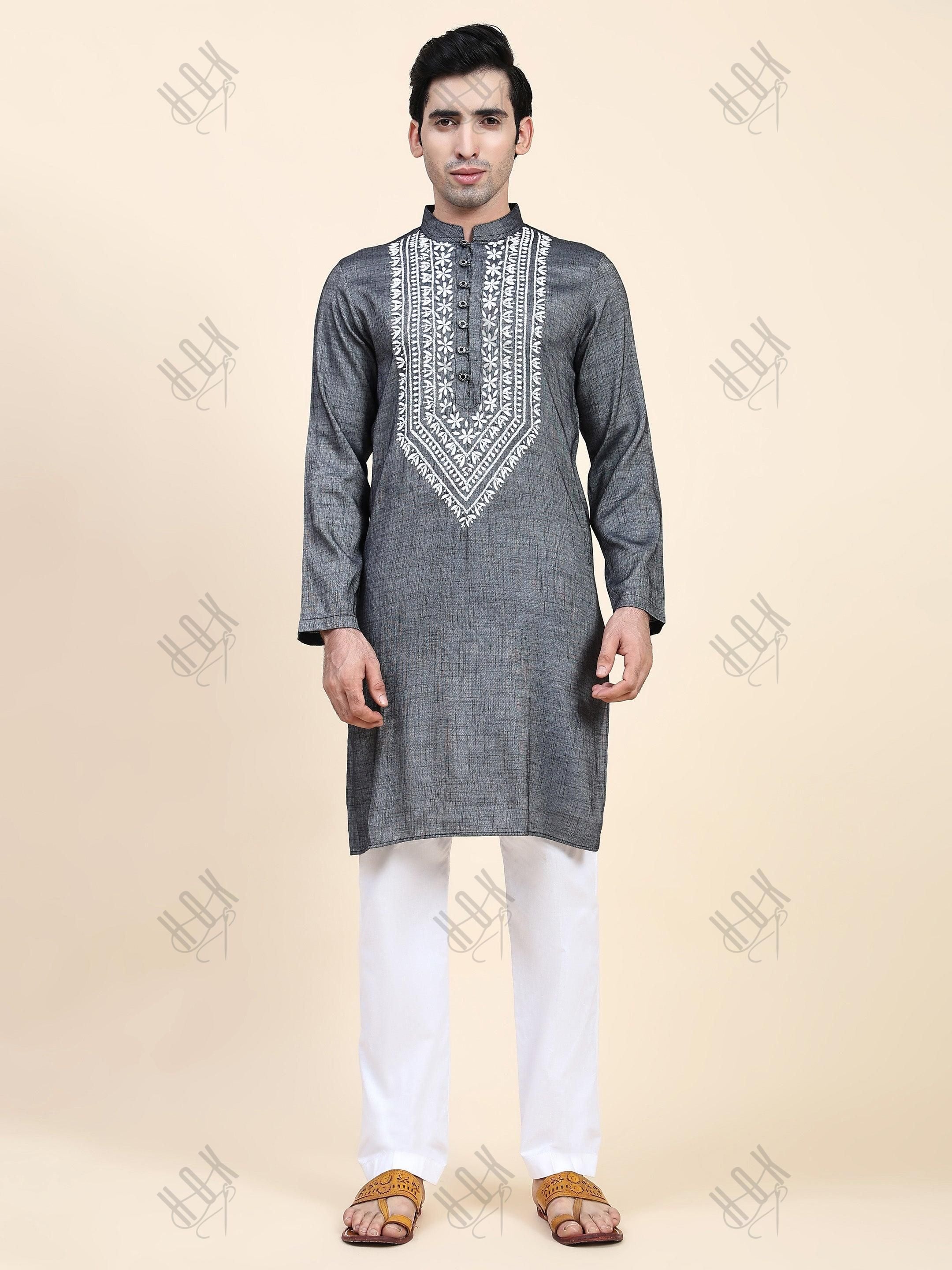 HOK Men's Chikankari Kurta in Cotton Silk Blend - Grey - House Of Kari (Chikankari Clothing)