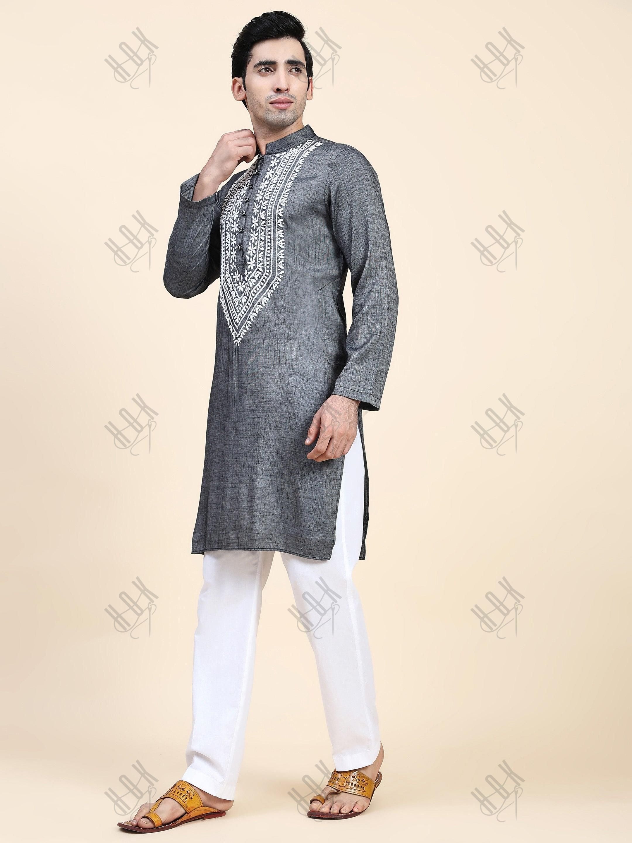 HOK Men's Chikankari Kurta in Cotton Silk Blend - Grey - House Of Kari (Chikankari Clothing)