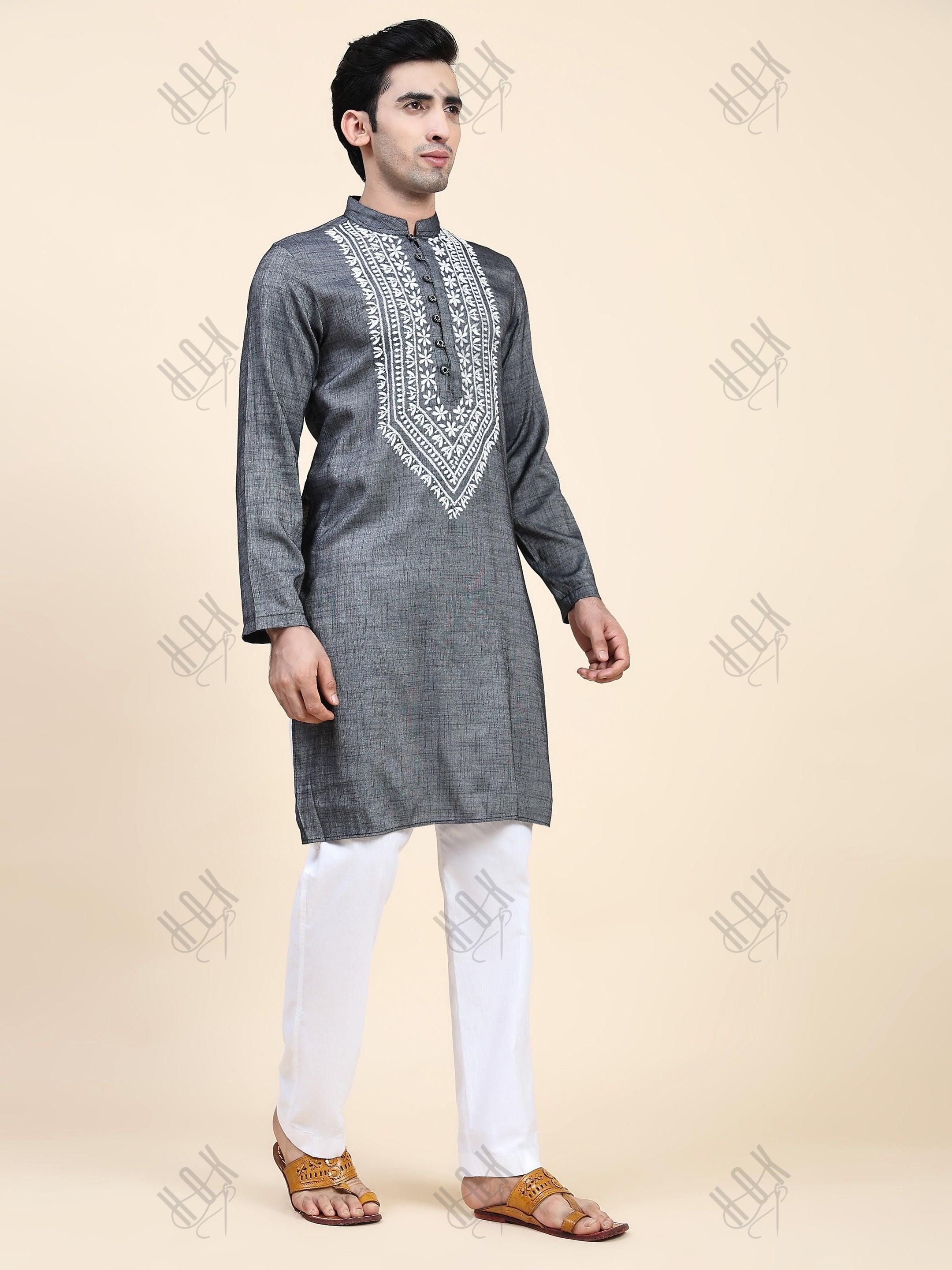 HOK Men's Chikankari Kurta in Cotton Silk Blend - Grey - House Of Kari (Chikankari Clothing)