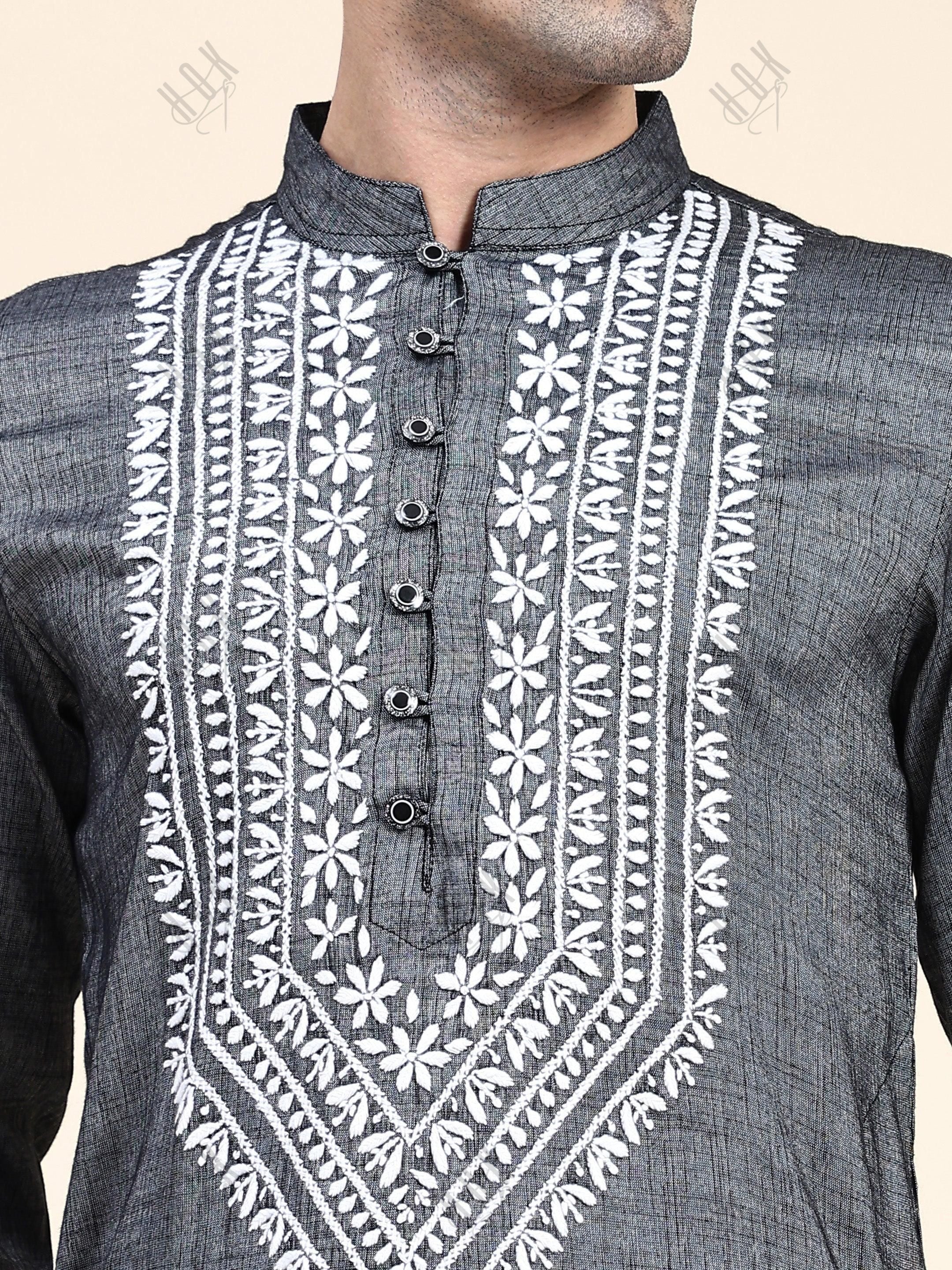 HOK Men's Chikankari Kurta in Cotton Silk Blend - Grey - House Of Kari (Chikankari Clothing)