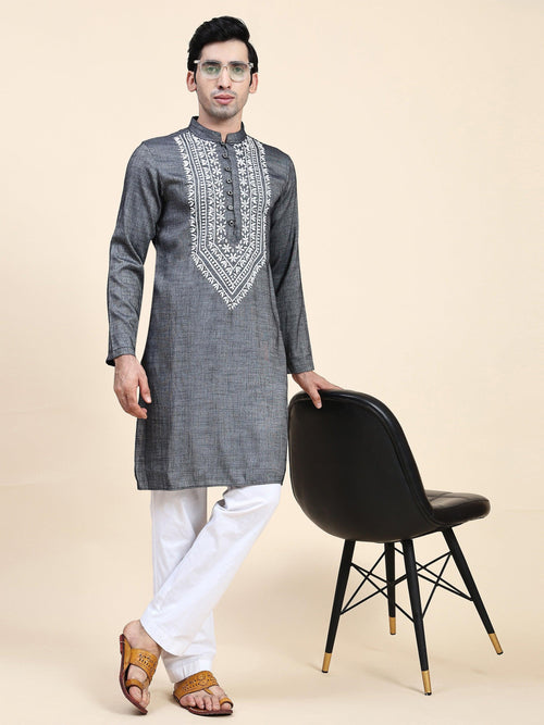 HOK Men's Chikankari Kurta in Cotton Silk Blend - Grey - House Of Kari (Chikankari Clothing)