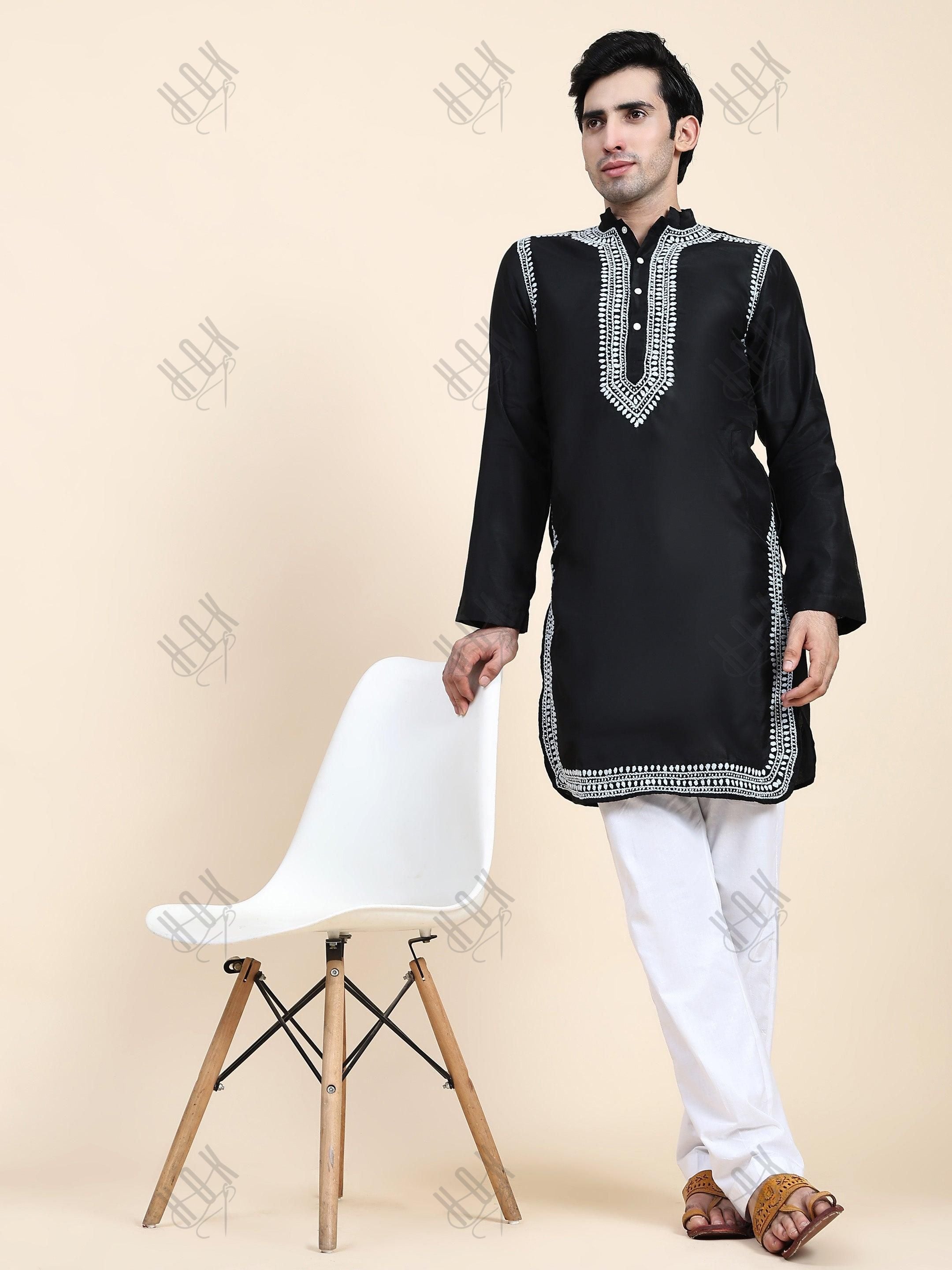 HOK Men's Chikankari Kurta in Chanderi Silk - Black - House Of Kari (Chikankari Clothing)