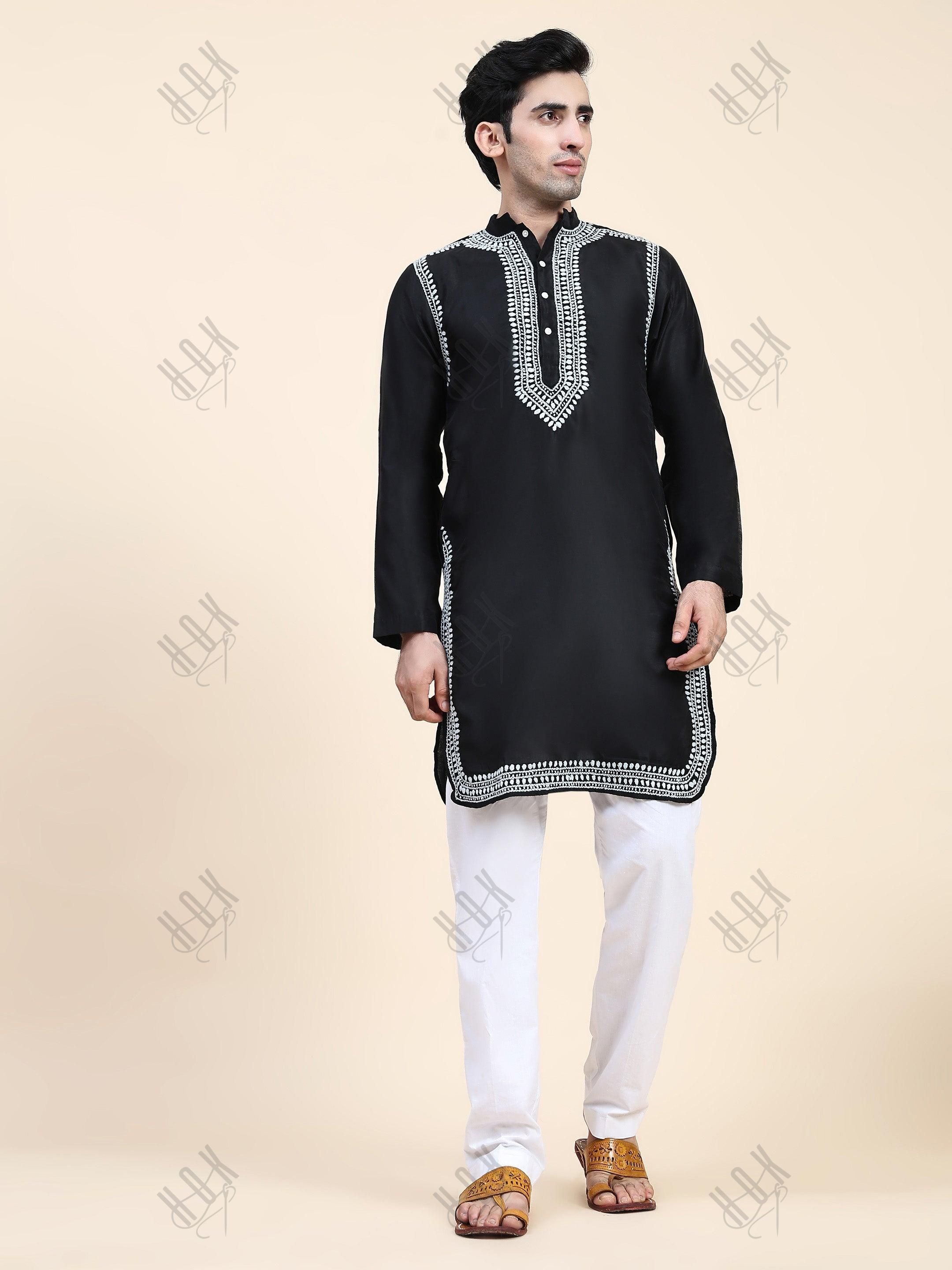 HOK Men's Chikankari Kurta in Chanderi Silk - Black - House Of Kari (Chikankari Clothing)