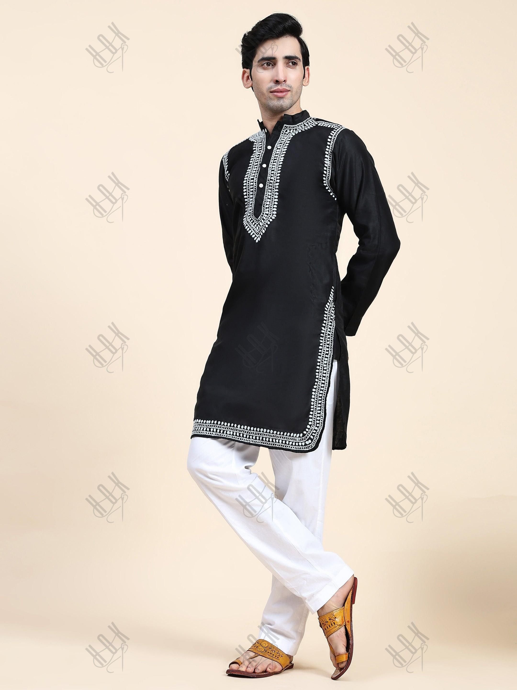 HOK Men's Chikankari Kurta in Chanderi Silk - Black - House Of Kari (Chikankari Clothing)