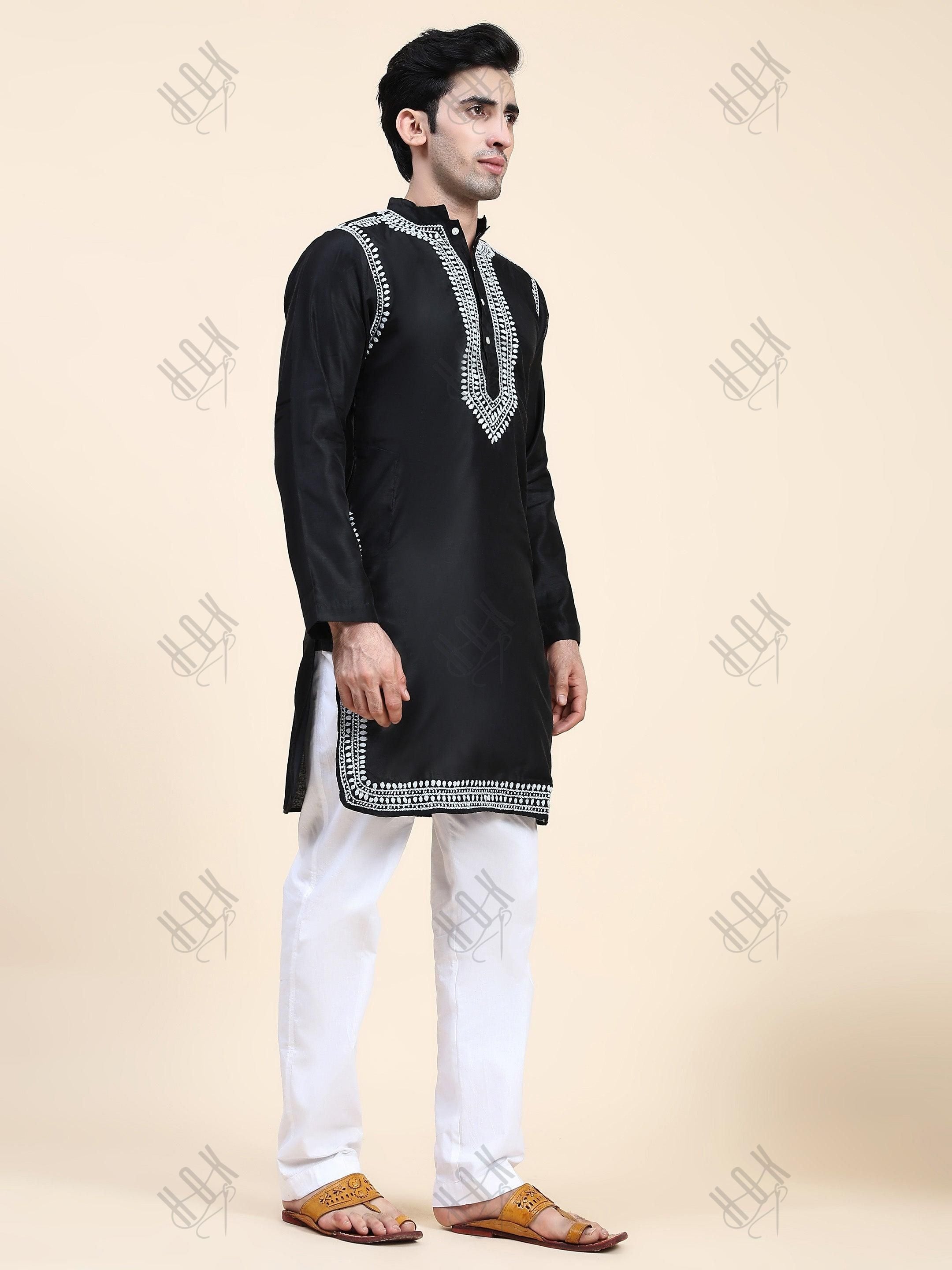 HOK Men's Chikankari Kurta in Chanderi Silk - Black - House Of Kari (Chikankari Clothing)