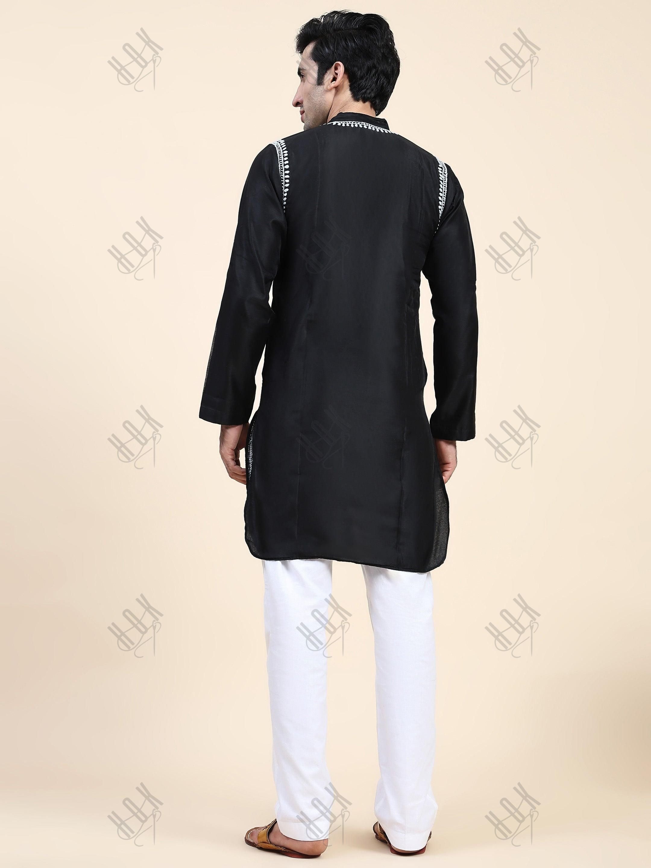 HOK Men's Chikankari Kurta in Chanderi Silk - Black - House Of Kari (Chikankari Clothing)