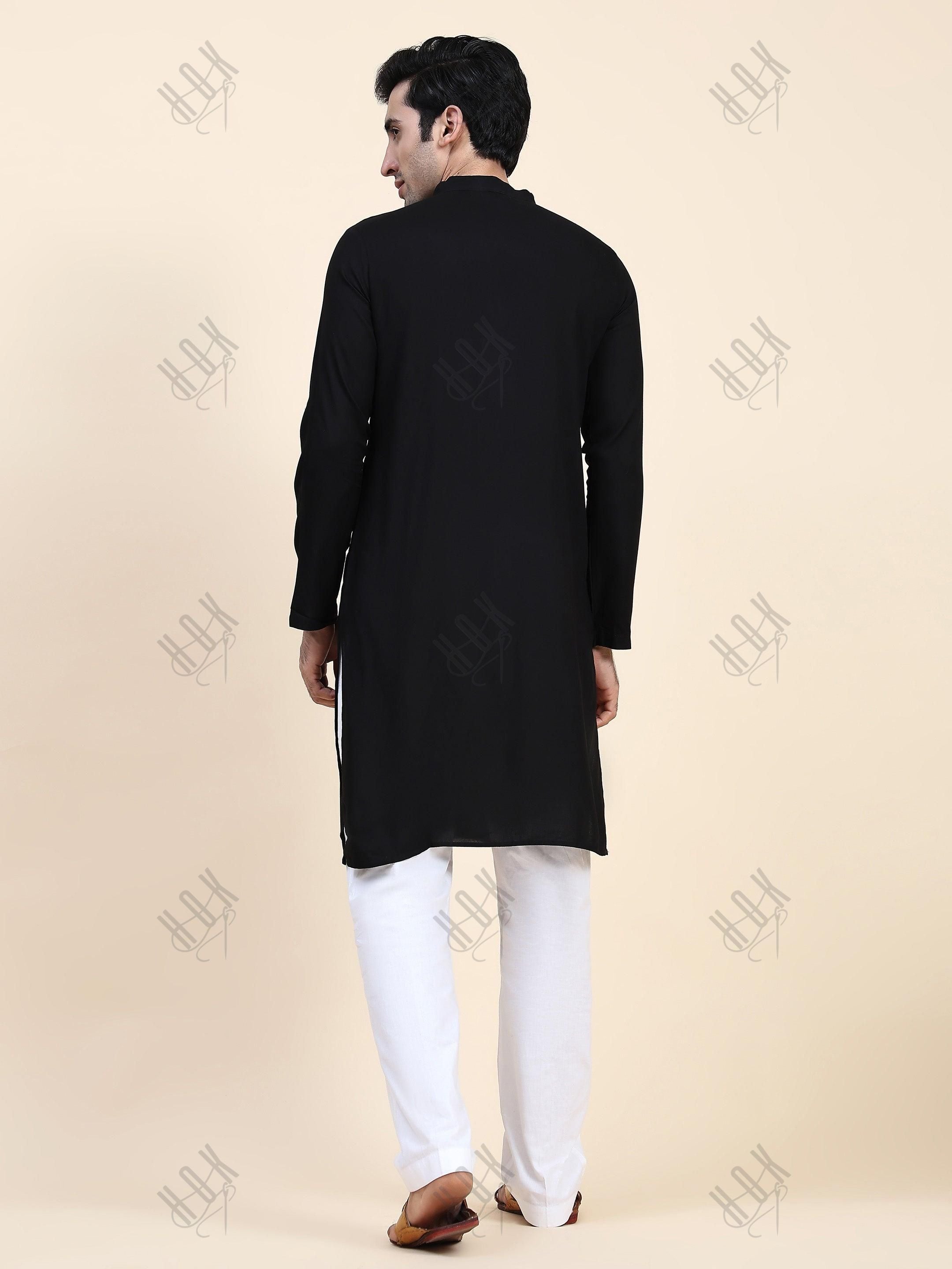 HOK Men's Chikankari Kurta in Rayon Cotton - Black - House Of Kari (Chikankari Clothing)