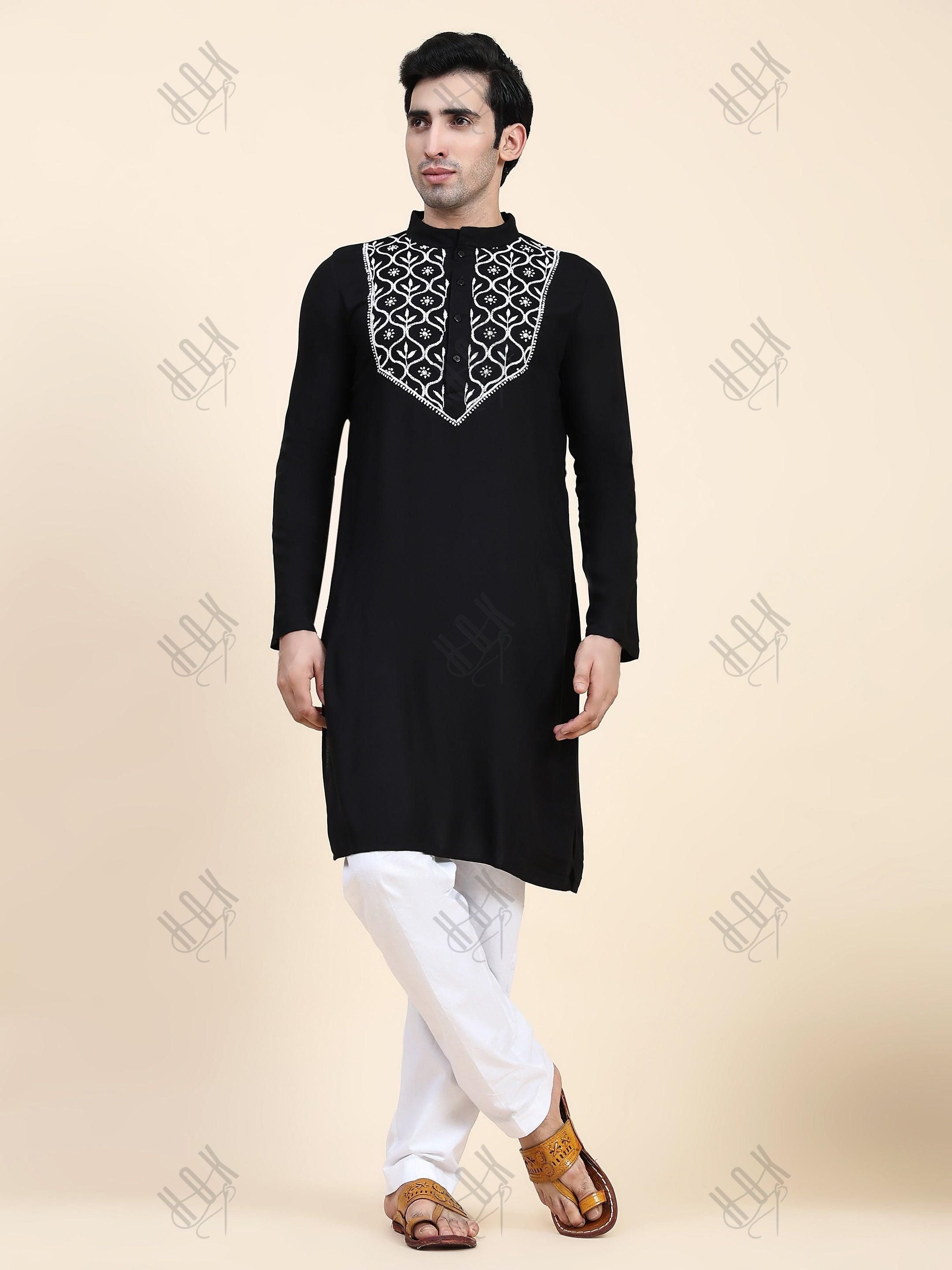 HOK Men's Chikankari Kurta in Rayon Cotton - Black - House Of Kari (Chikankari Clothing)