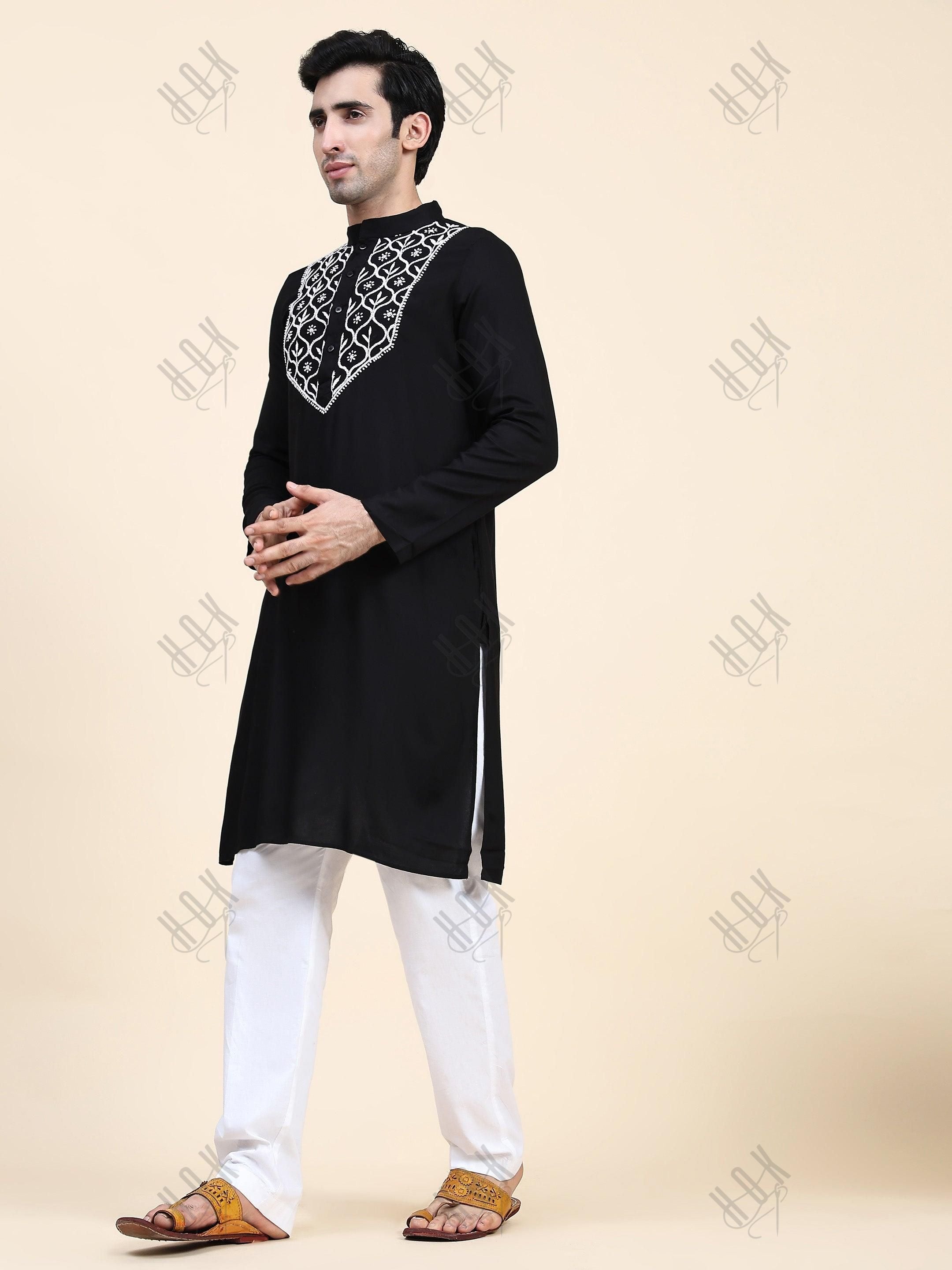 HOK Men's Chikankari Kurta in Rayon Cotton - Black - House Of Kari (Chikankari Clothing)