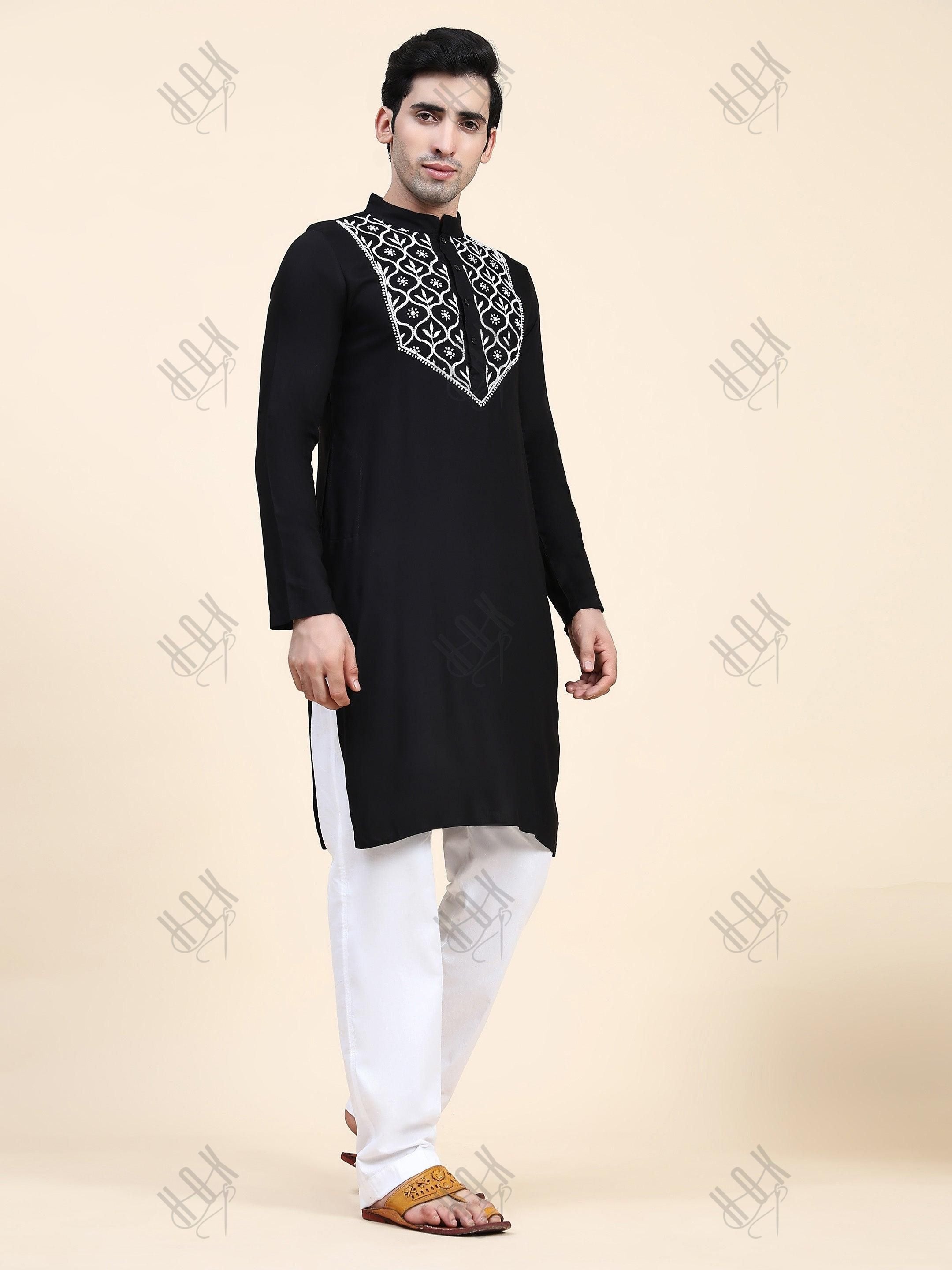 HOK Men's Chikankari Kurta in Rayon Cotton - Black - House Of Kari (Chikankari Clothing)