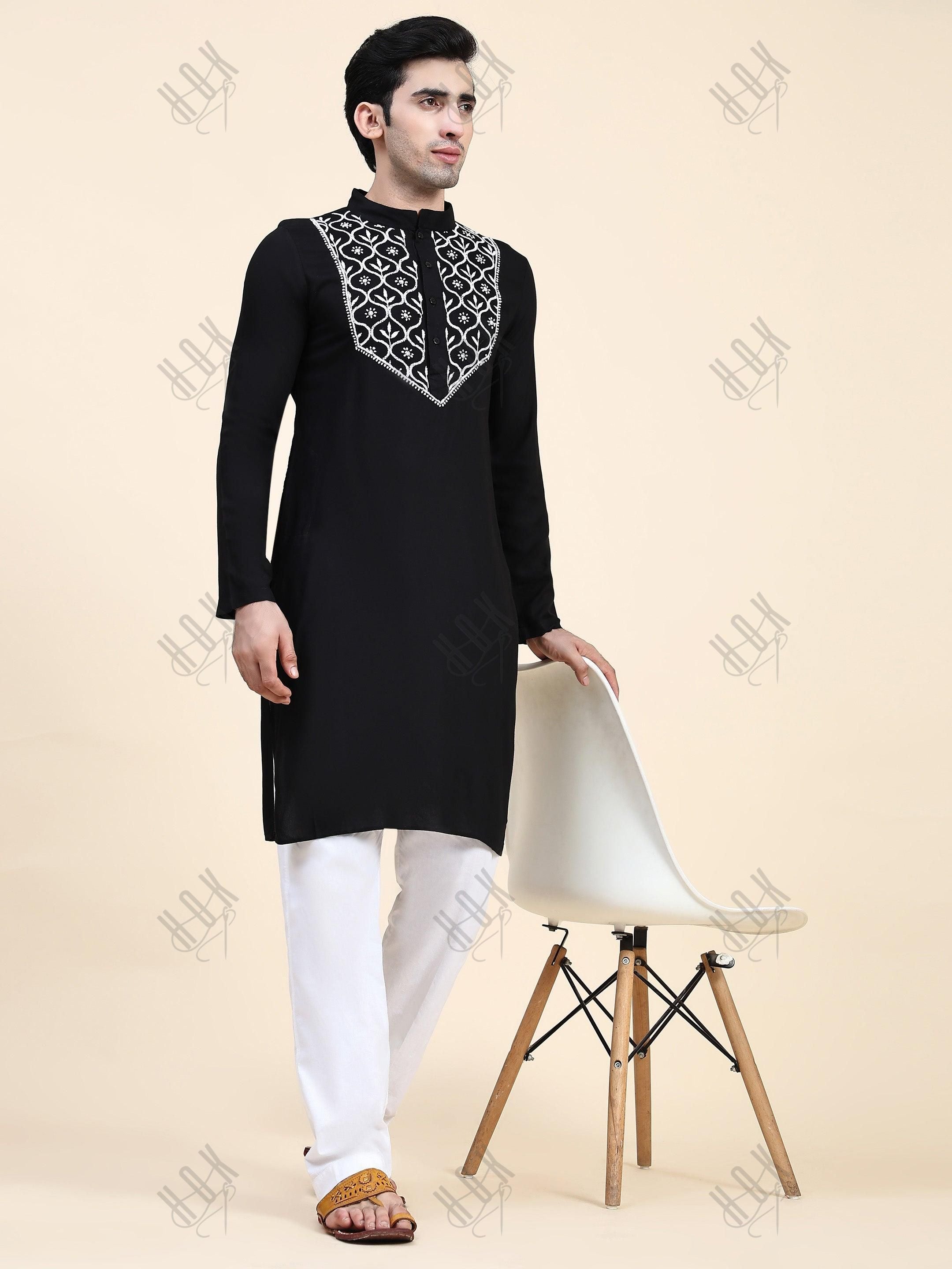 HOK Men's Chikankari Kurta in Rayon Cotton - Black - House Of Kari (Chikankari Clothing)