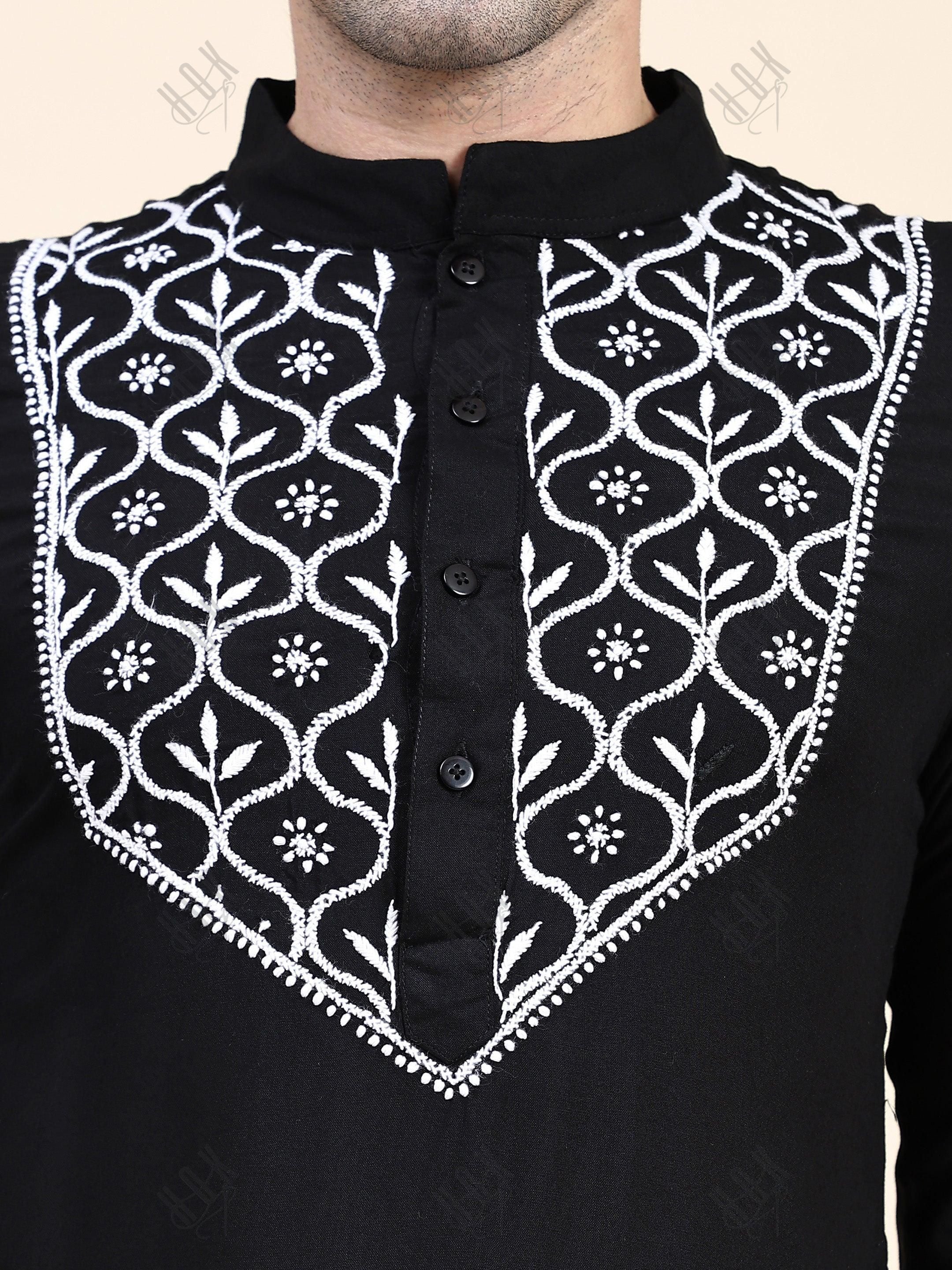 HOK Men's Chikankari Kurta in Rayon Cotton - Black - House Of Kari (Chikankari Clothing)