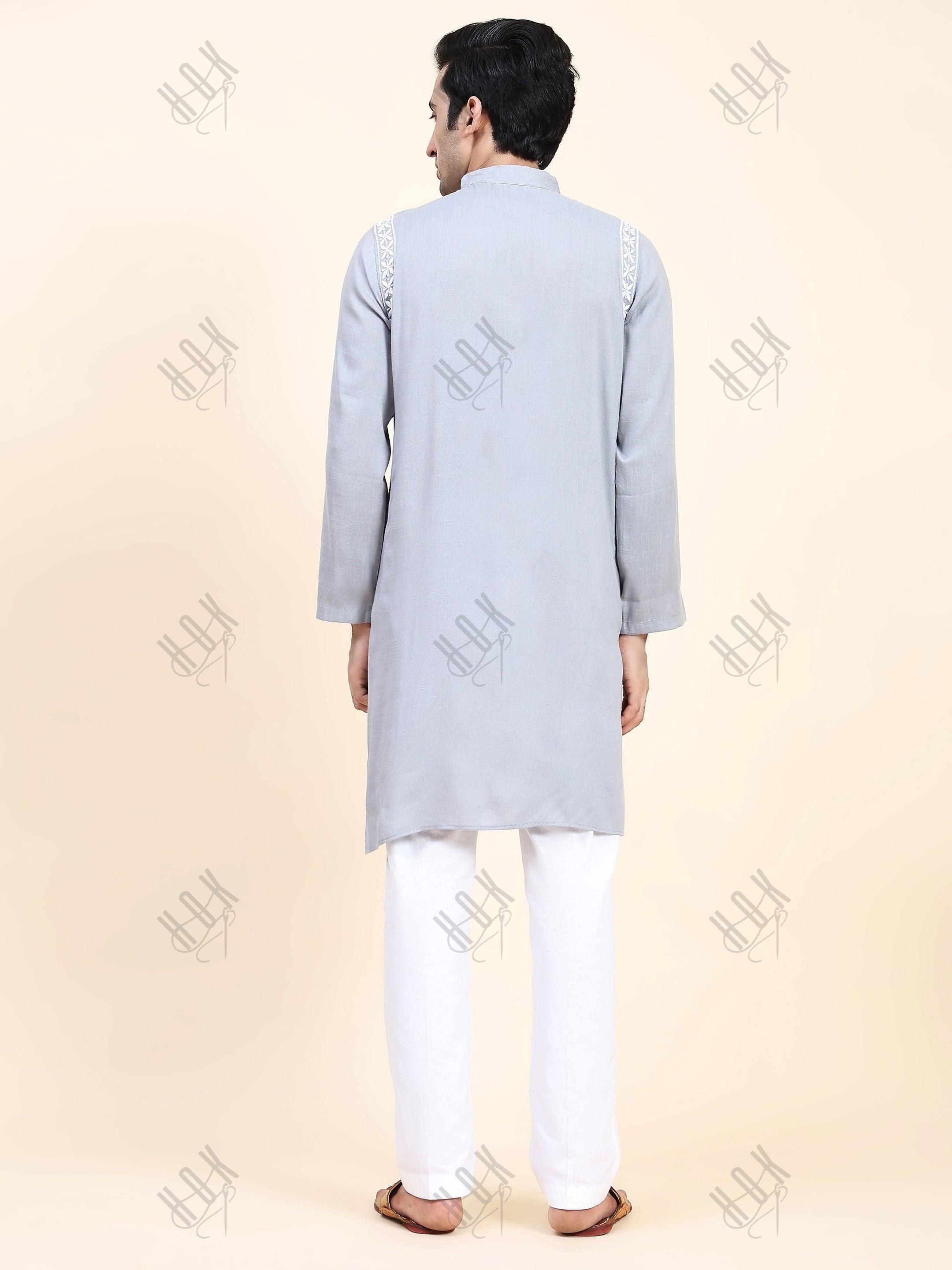 HOK Men's Chikankari Kurta in Cotton Silk Blend - Grey - House Of Kari (Chikankari Clothing)