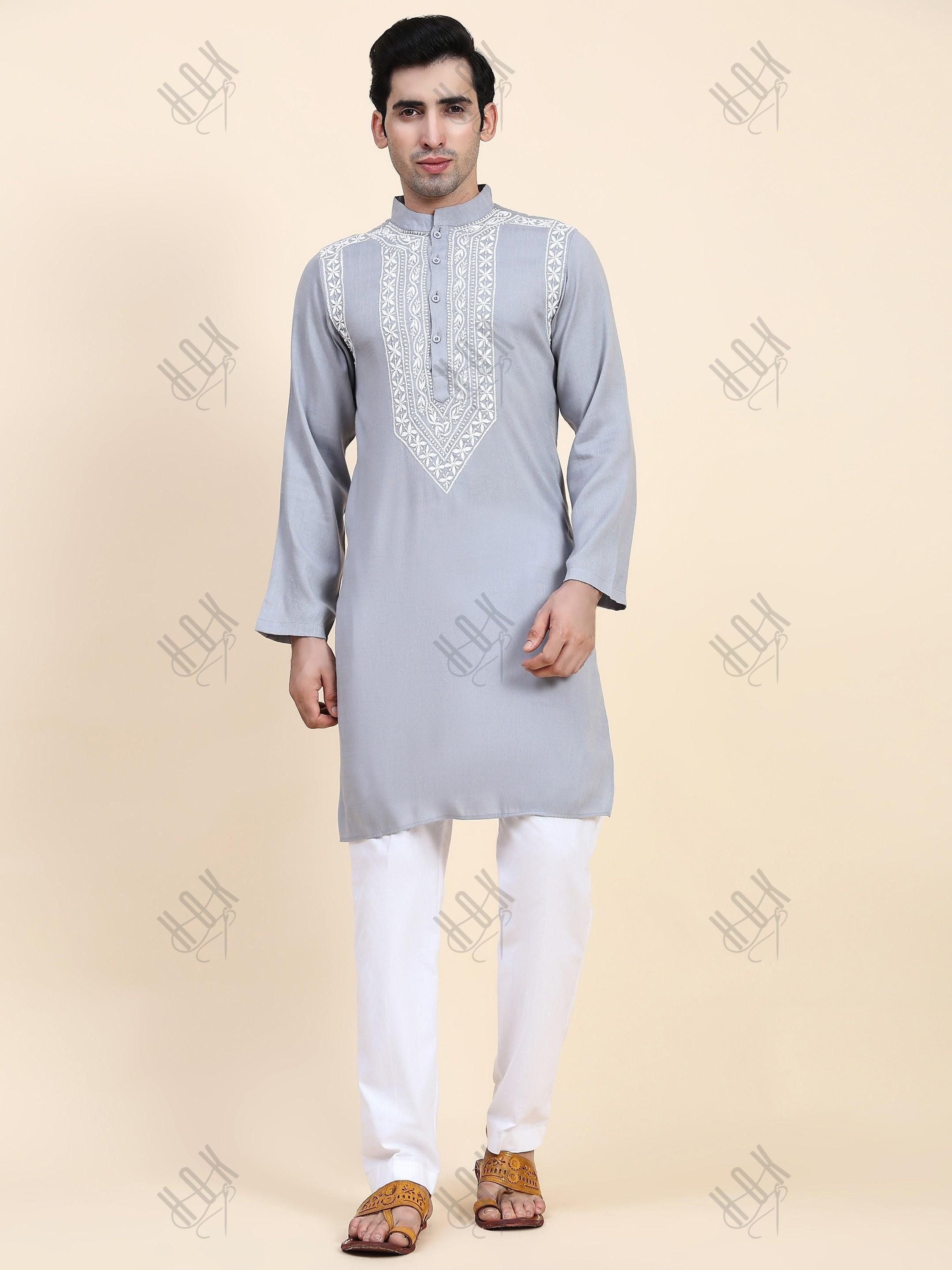 HOK Men's Chikankari Kurta in Cotton Silk Blend - Grey - House Of Kari (Chikankari Clothing)