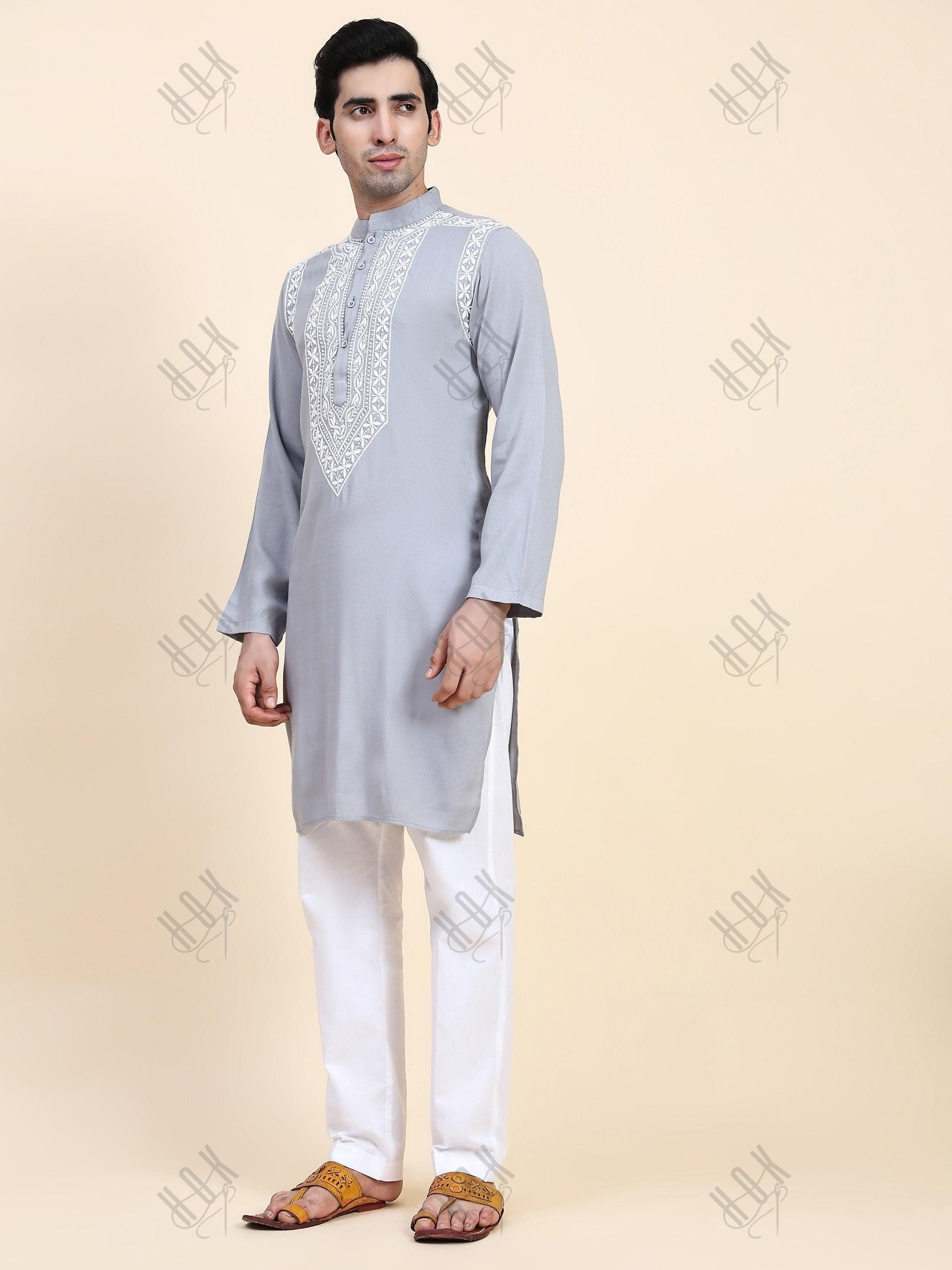 HOK Men's Chikankari Kurta in Cotton Silk Blend - Grey - House Of Kari (Chikankari Clothing)