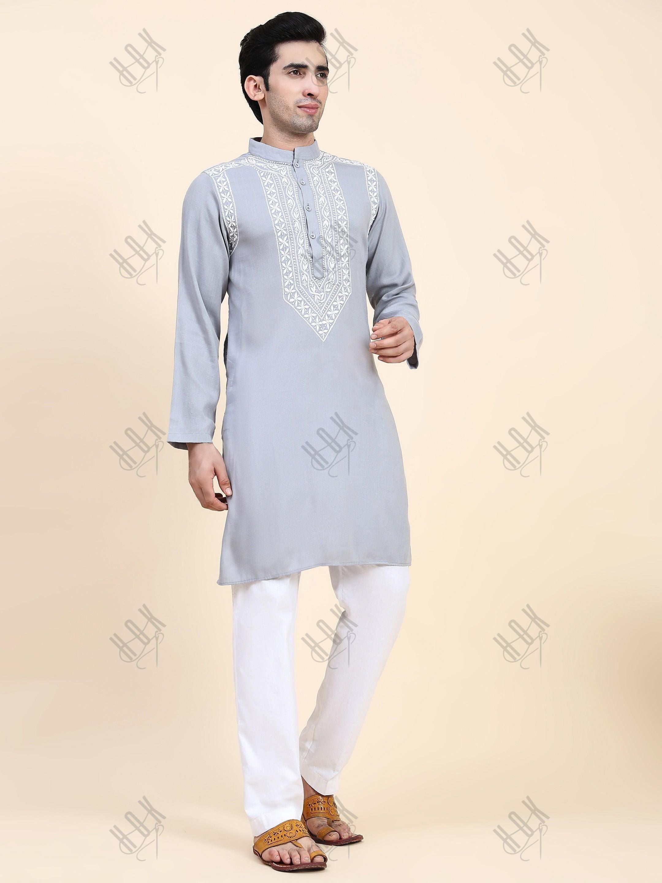 HOK Men's Chikankari Kurta in Cotton Silk Blend - Grey - House Of Kari (Chikankari Clothing)