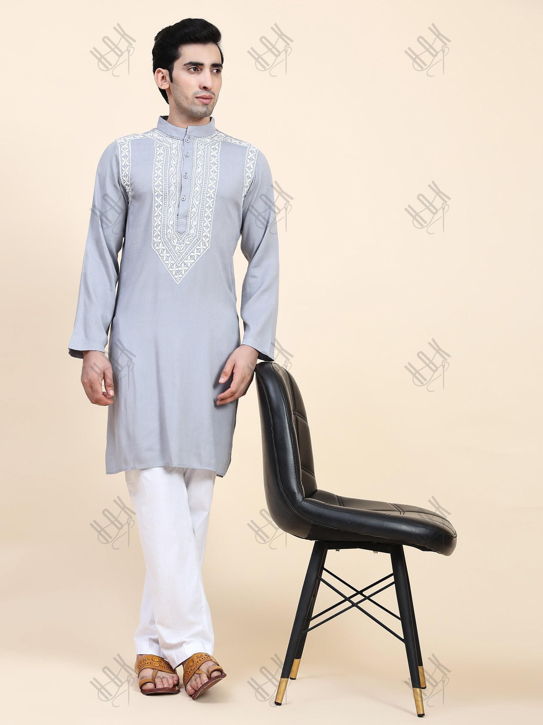 HOK Men's Chikankari Kurta in Cotton Silk Blend - Grey - House Of Kari (Chikankari Clothing)