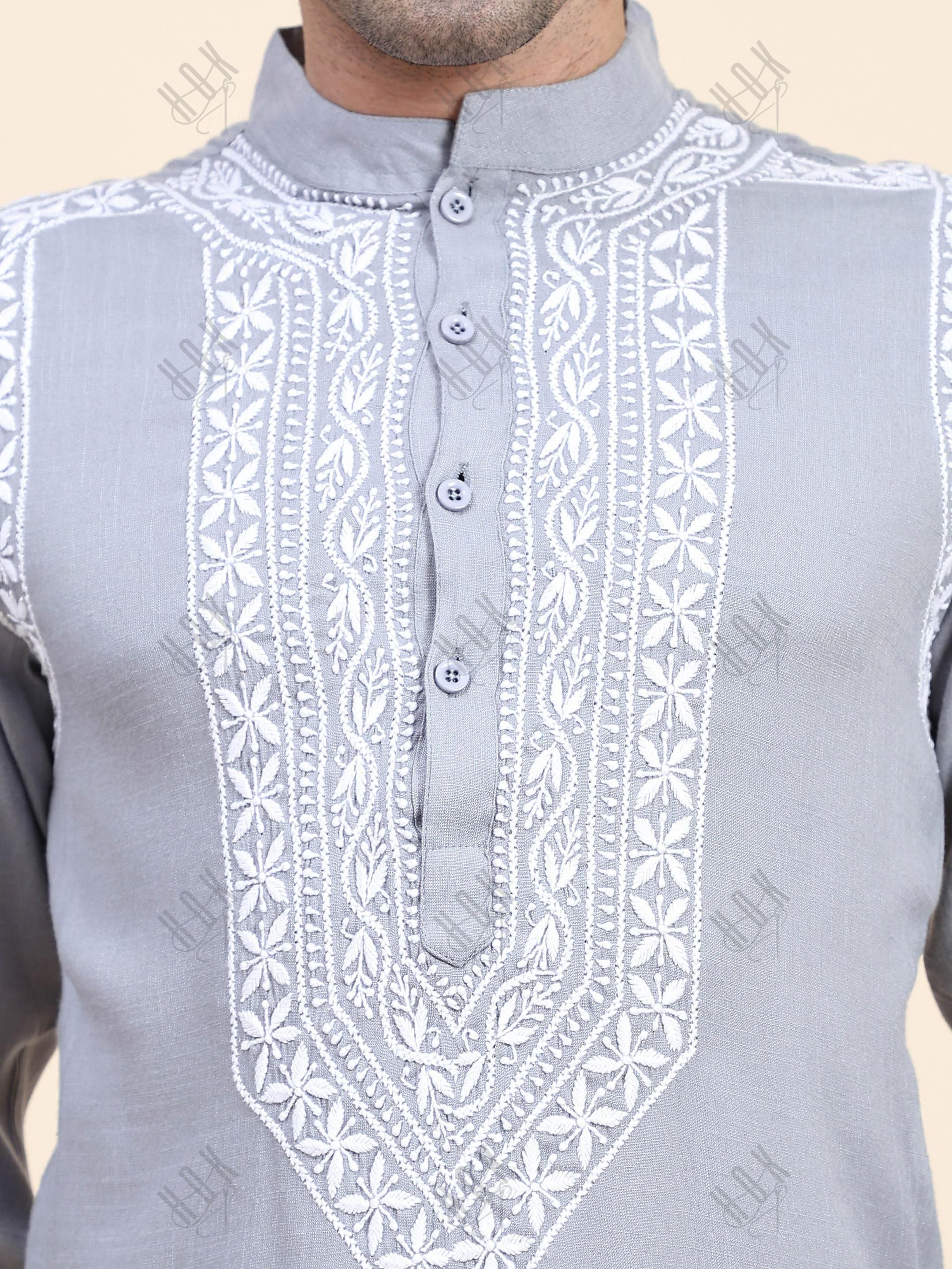 HOK Men's Chikankari Kurta in Cotton Silk Blend - Grey - House Of Kari (Chikankari Clothing)