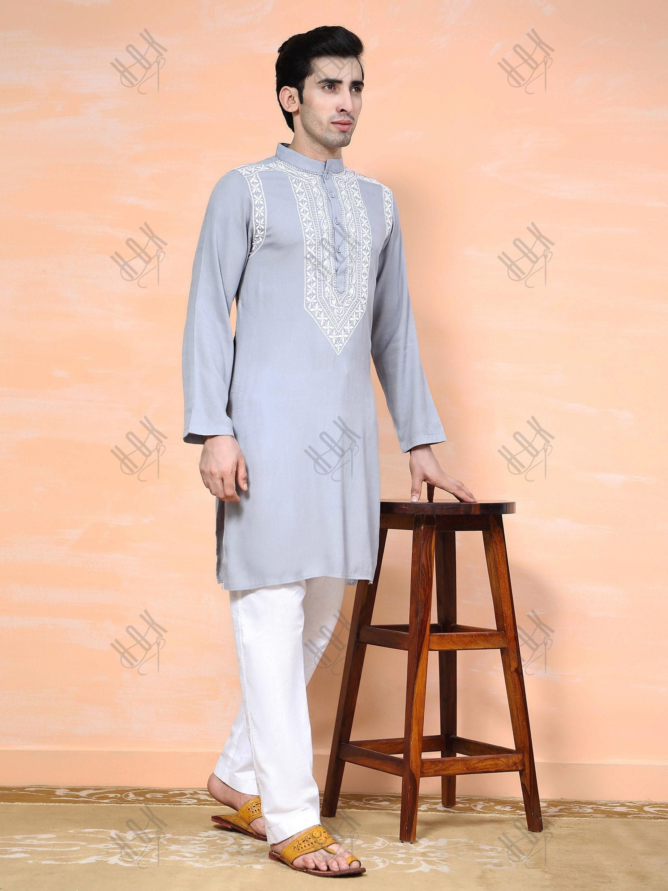 HOK Men's Chikankari Kurta in Cotton Silk Blend - Grey - House Of Kari (Chikankari Clothing)