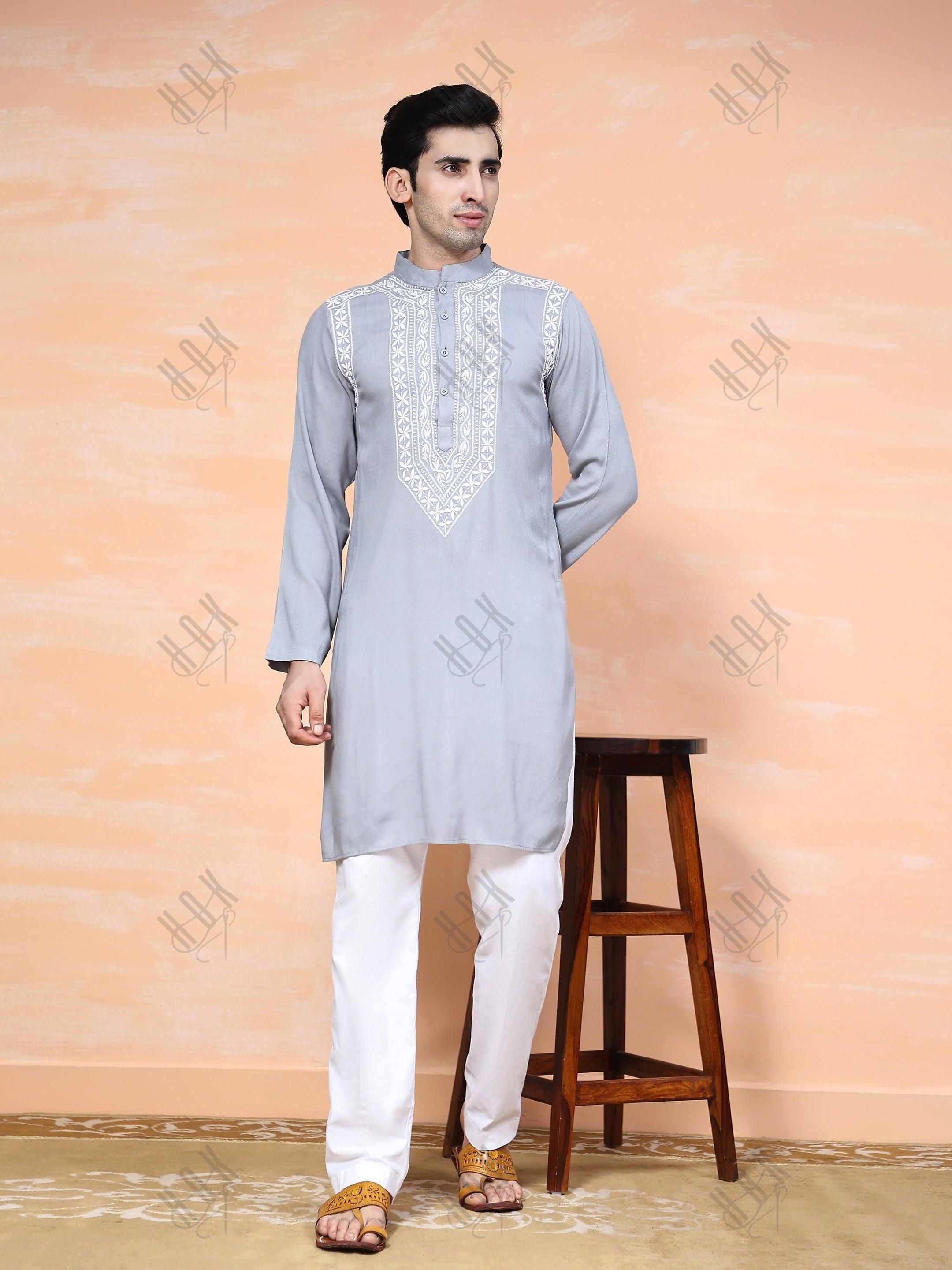 HOK Men's Chikankari Kurta in Cotton Silk Blend - Grey - House Of Kari (Chikankari Clothing)