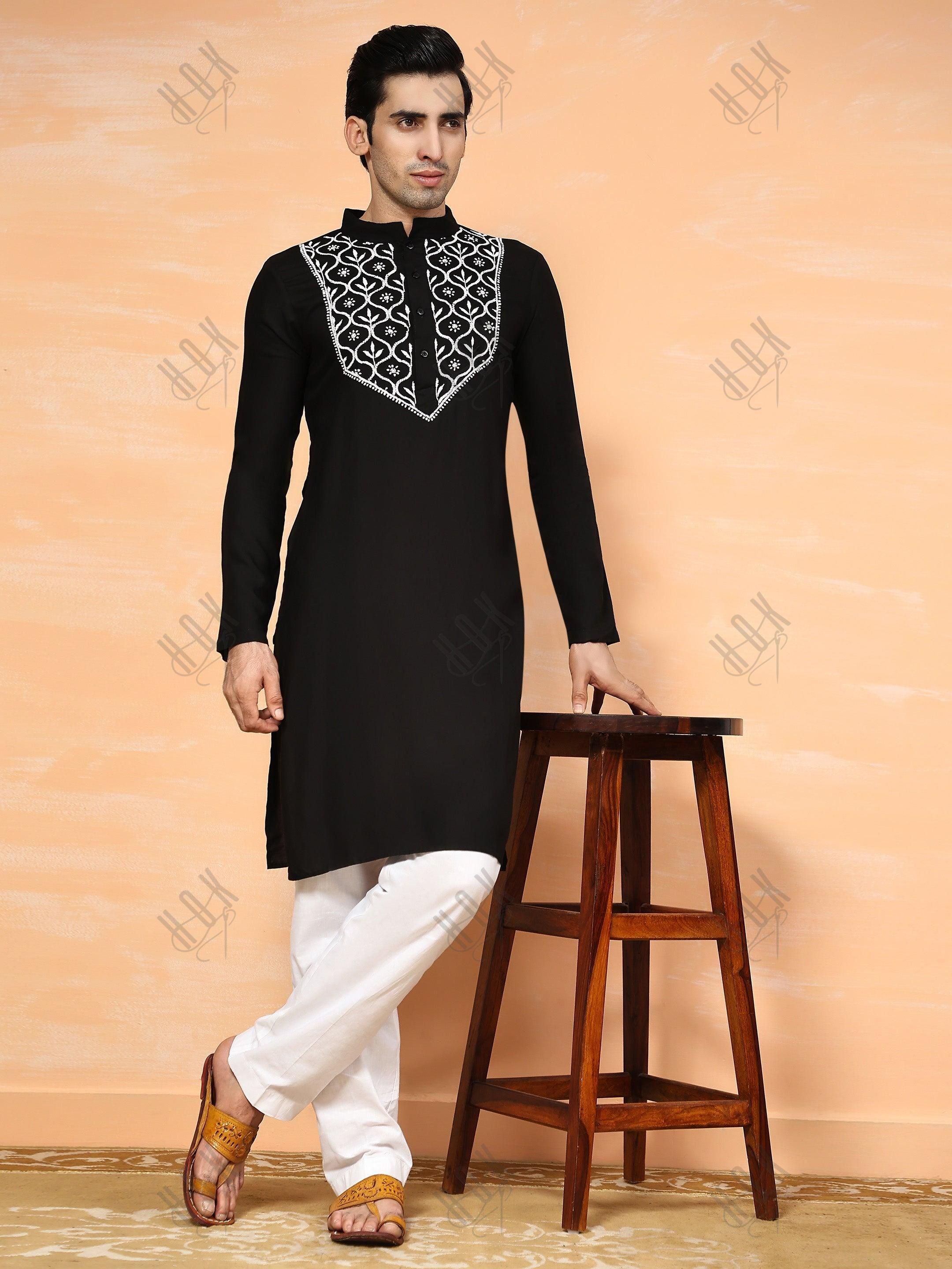 HOK Men's Chikankari Kurta in Rayon Cotton - Black - House Of Kari (Chikankari Clothing)