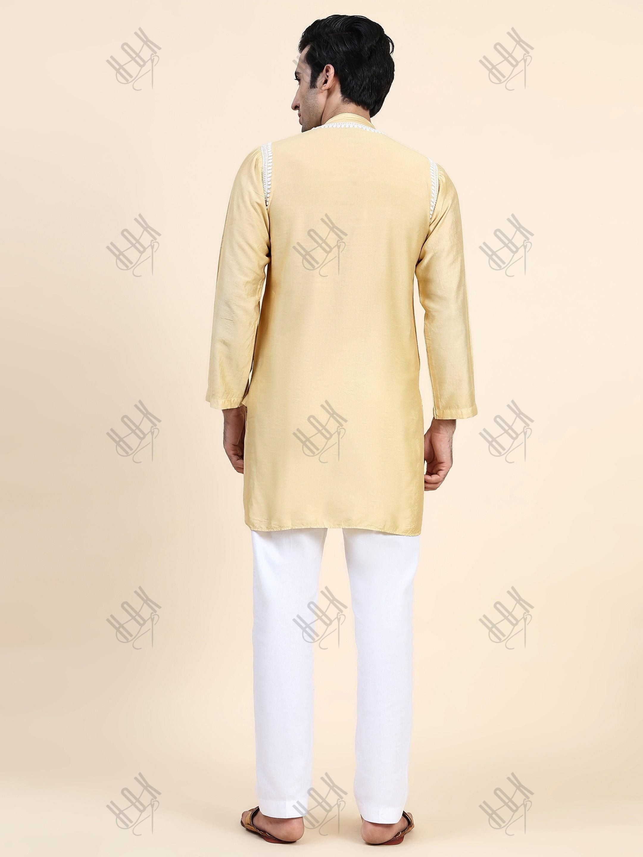 HOK Men's Chikankari Kurta in Chanderi Silk - Beige - House Of Kari (Chikankari Clothing)