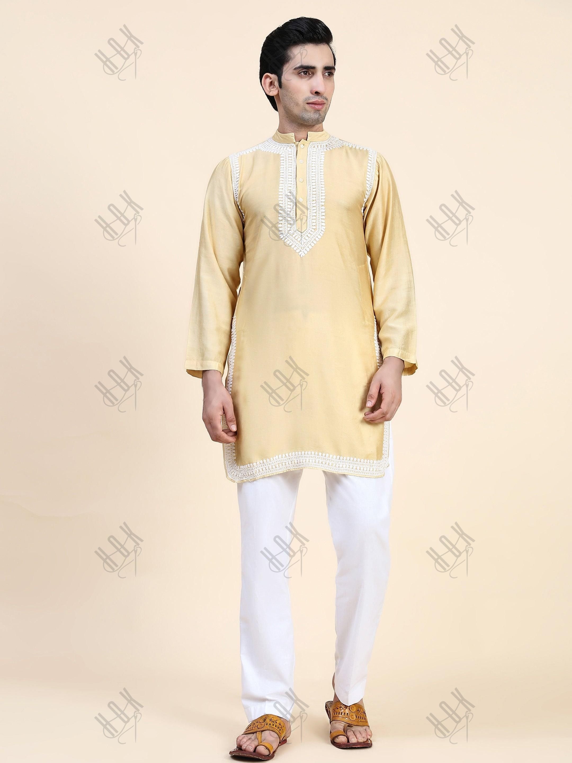 HOK Men's Chikankari Kurta in Chanderi Silk - Beige - House Of Kari (Chikankari Clothing)