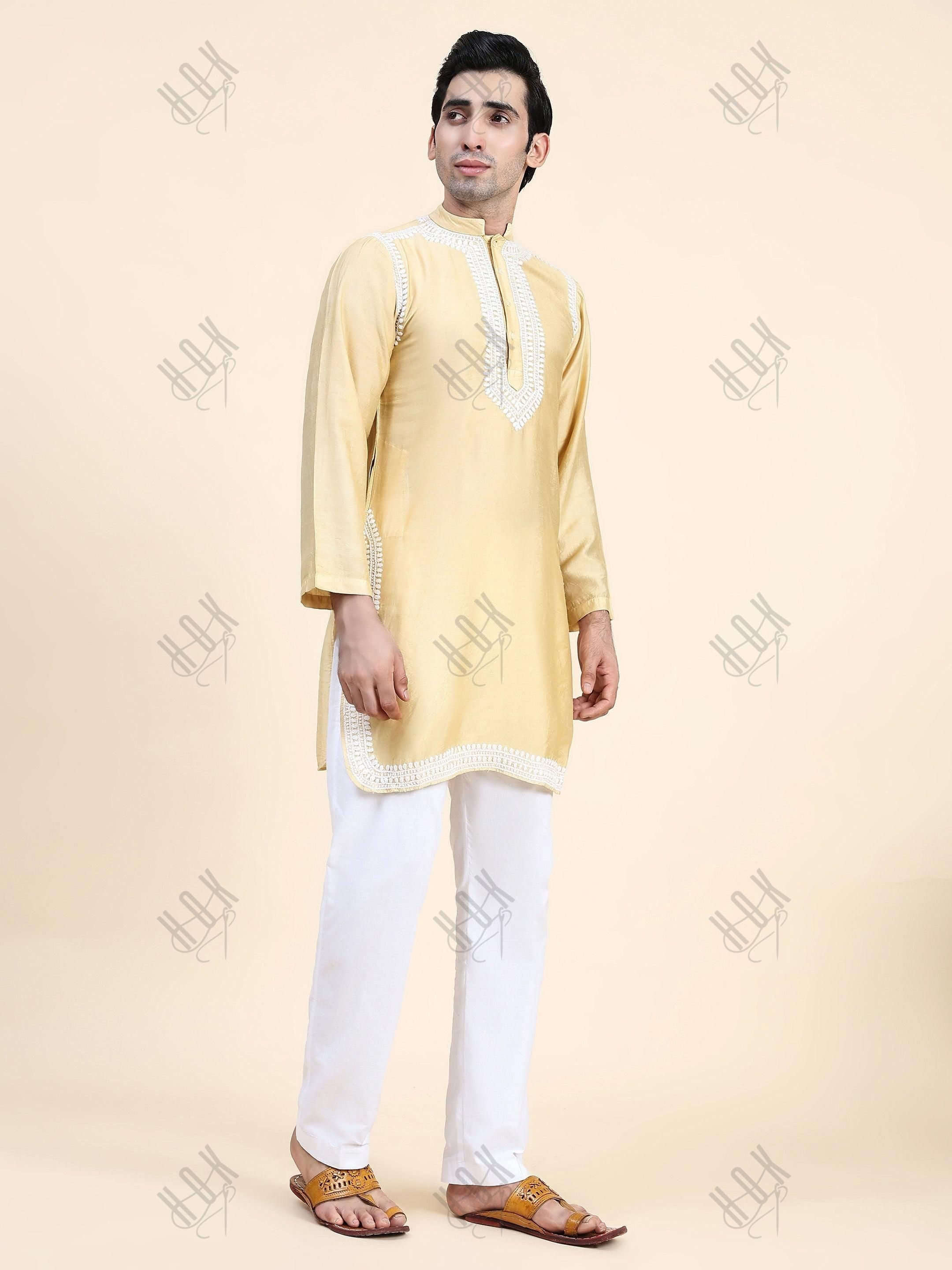 HOK Men's Chikankari Kurta in Chanderi Silk - Beige - House Of Kari (Chikankari Clothing)