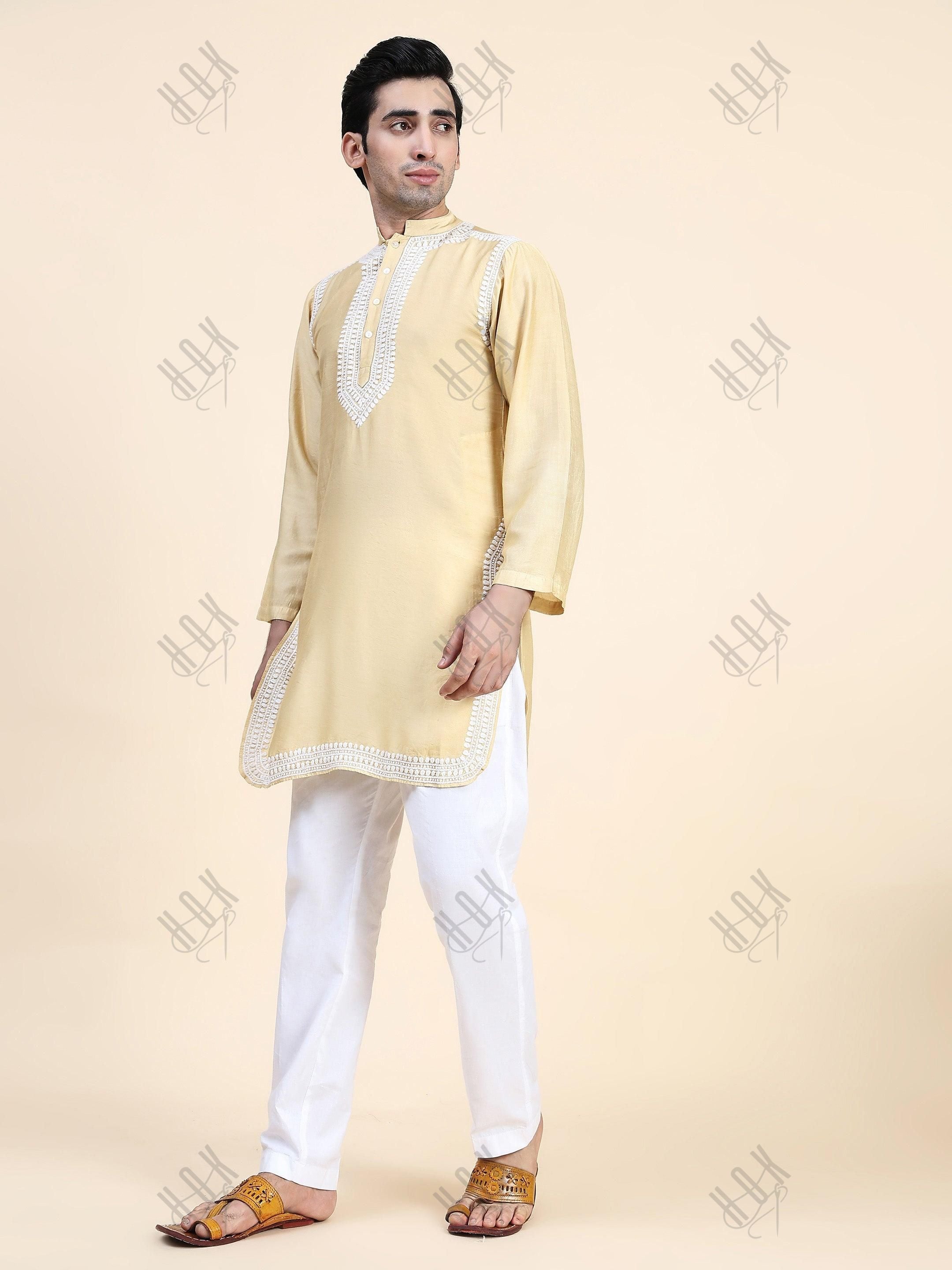 HOK Men's Chikankari Kurta in Chanderi Silk - Beige - House Of Kari (Chikankari Clothing)