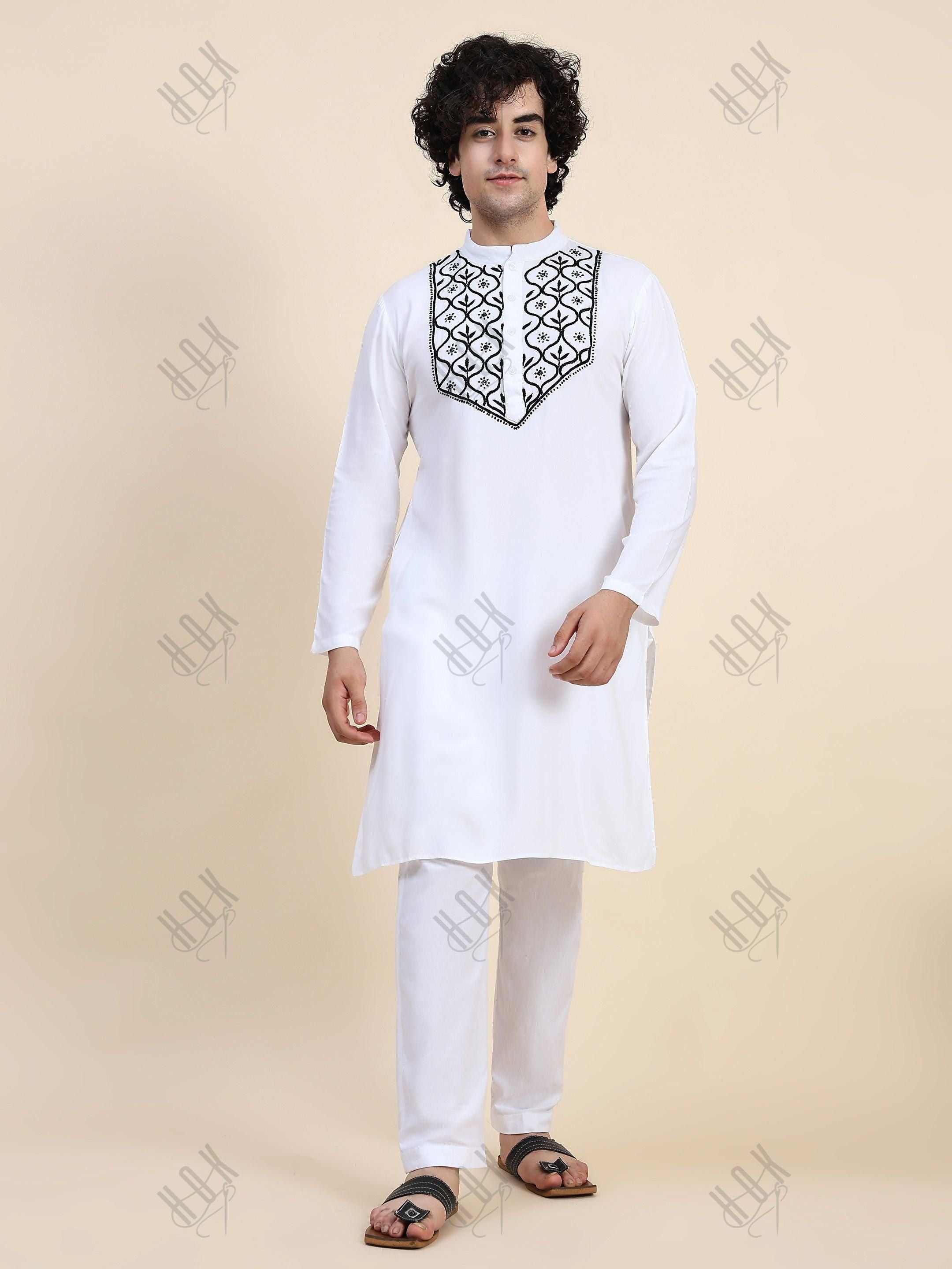 HOK Men's Chikankari Kurta in Rayon Cotton - White - House Of Kari (Chikankari Clothing)