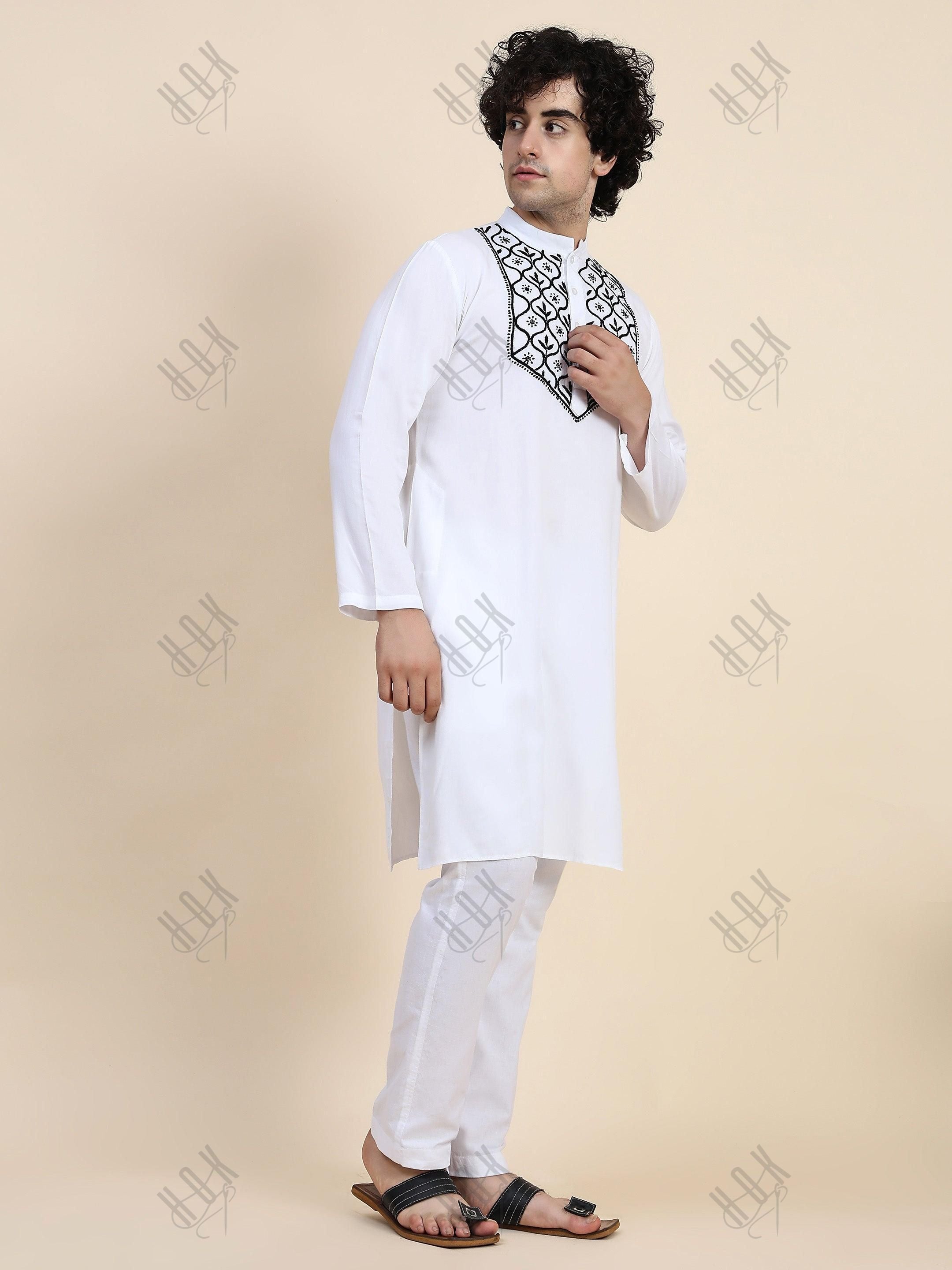 HOK Men's Chikankari Kurta in Rayon Cotton - White - House Of Kari (Chikankari Clothing)