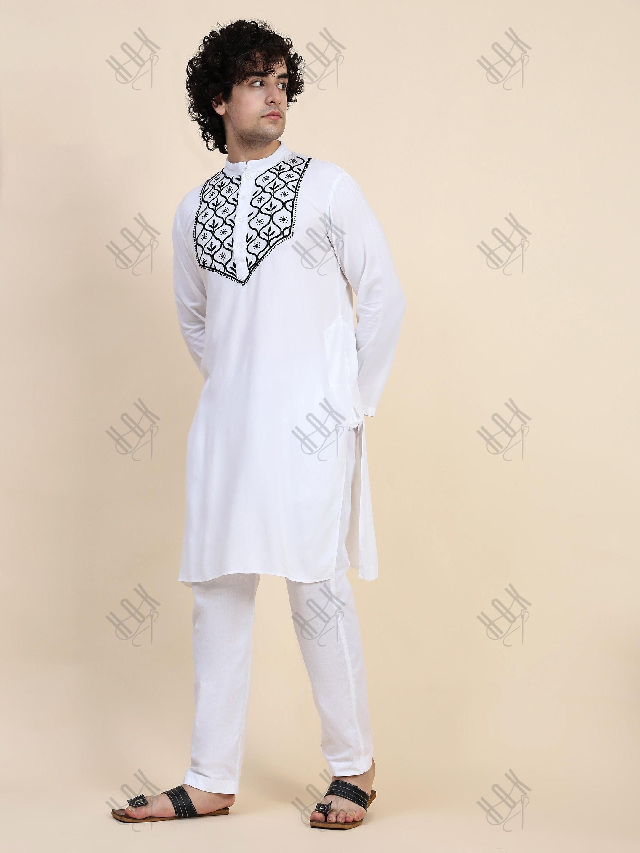 HOK Men's Chikankari Kurta in Rayon Cotton - White - House Of Kari (Chikankari Clothing)