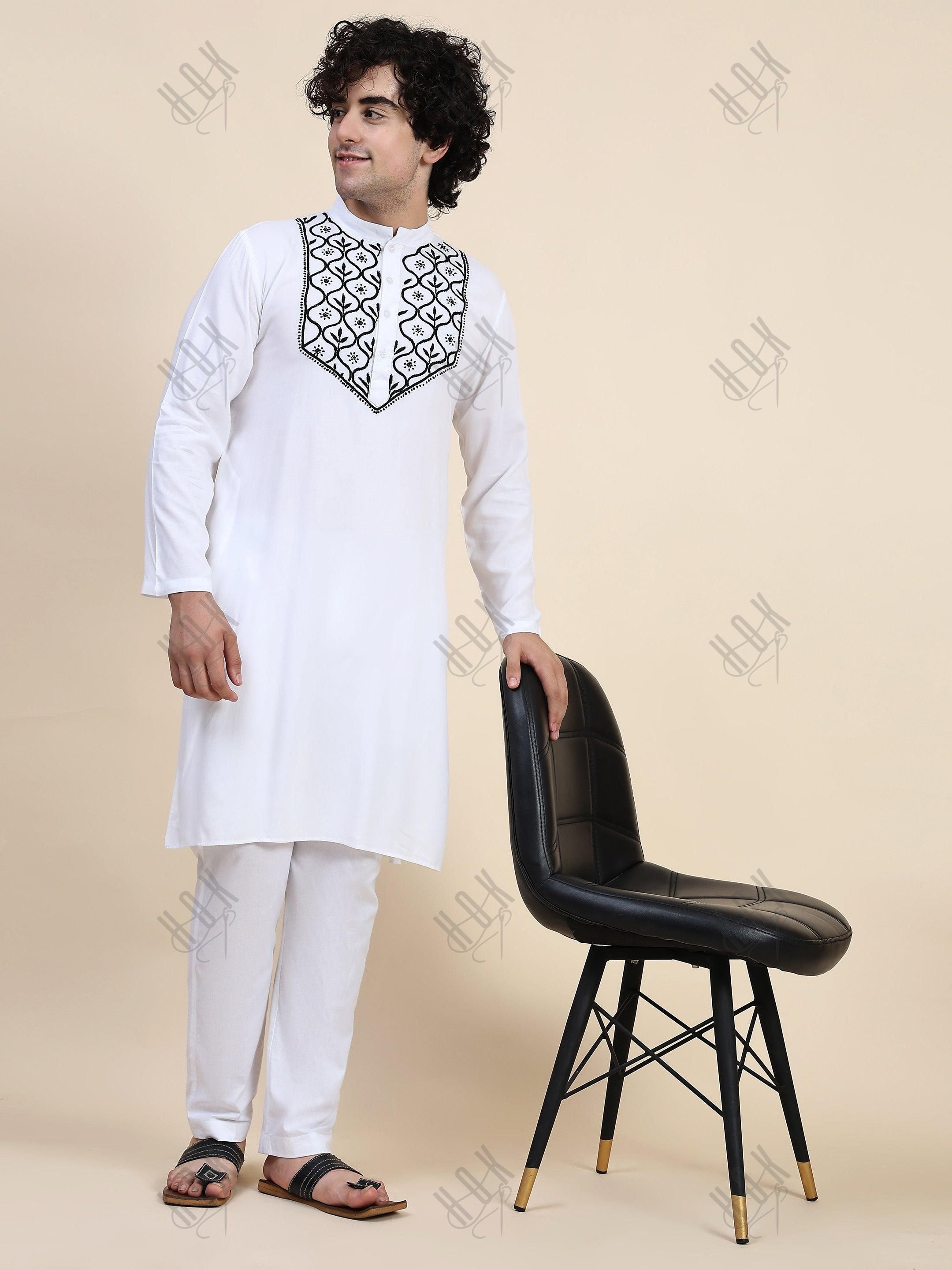 HOK Men's Chikankari Kurta in Rayon Cotton - White - House Of Kari (Chikankari Clothing)